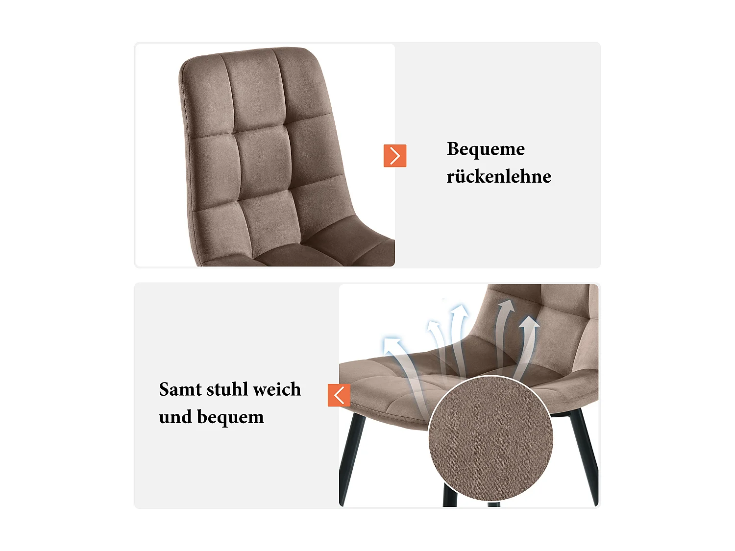 Ensemble de 4 chaises de salle à manger, marron, design de chaise rembourrée avec dossier, velours, structure en métal