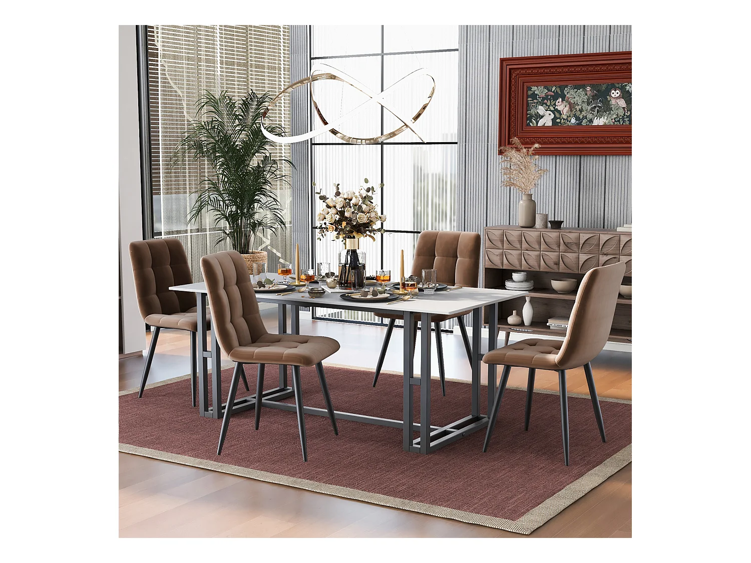 Ensemble de 4 chaises de salle à manger, marron, design de chaise rembourrée avec dossier, velours, structure en métal