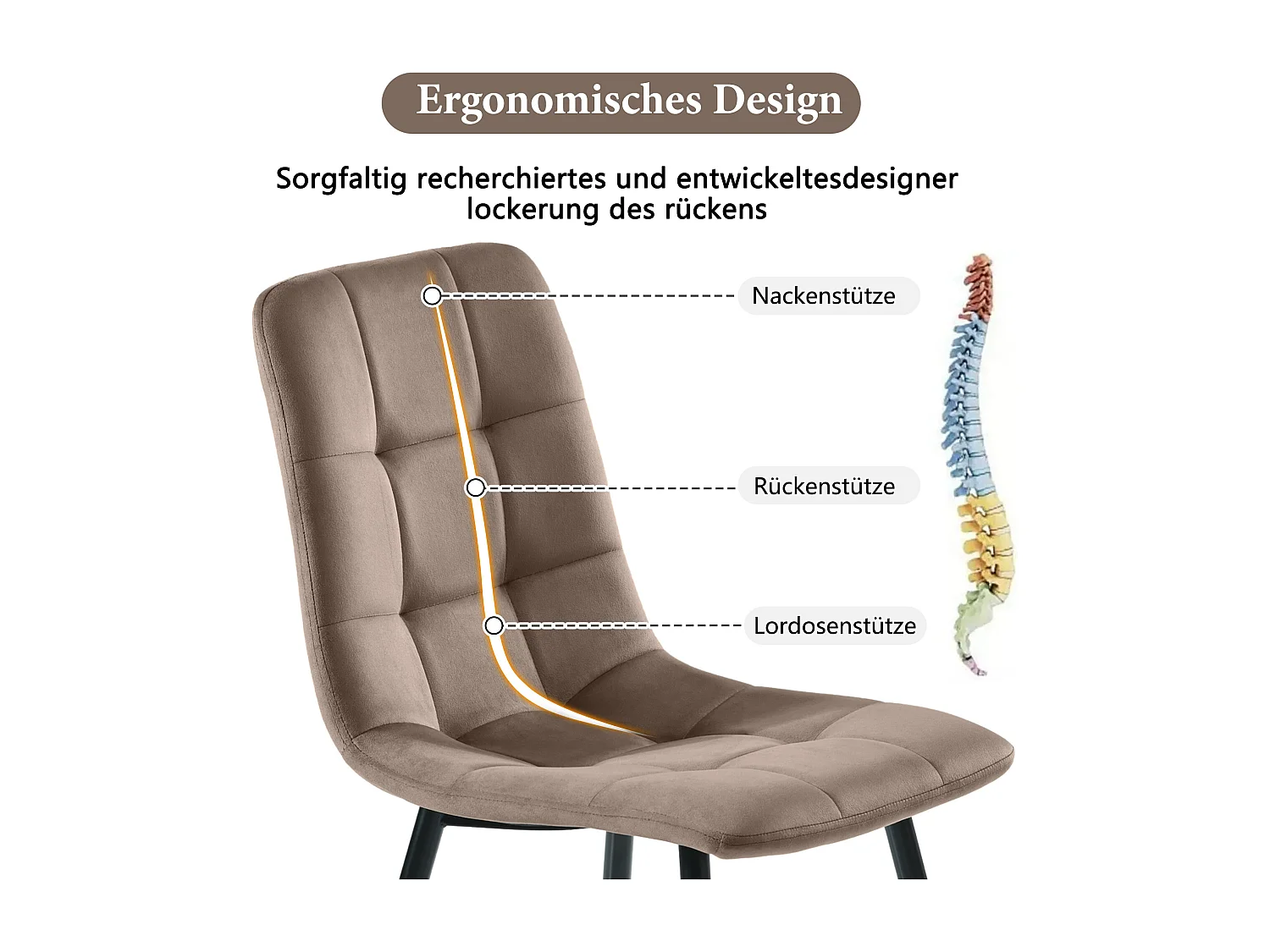 Ensemble de 4 chaises de salle à manger, marron, design de chaise rembourrée avec dossier, velours, structure en métal