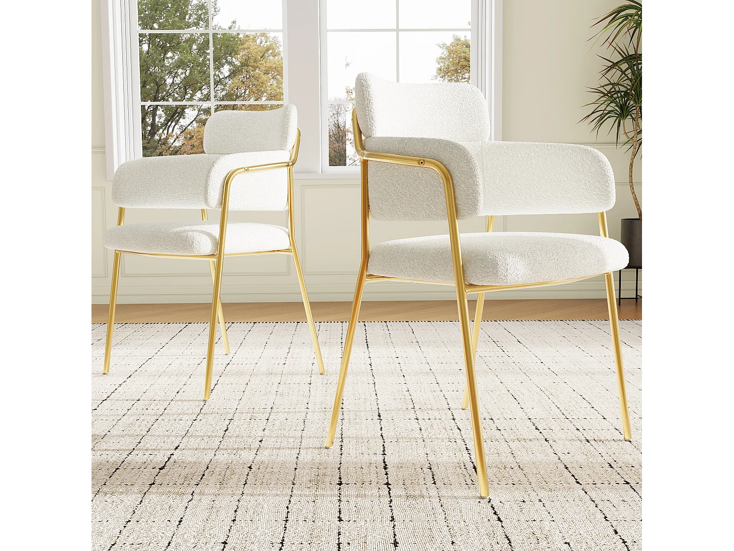 Set van 2 eetkamerstoelen, modern met gouden poten, ergonomische, luxe stoel, beige