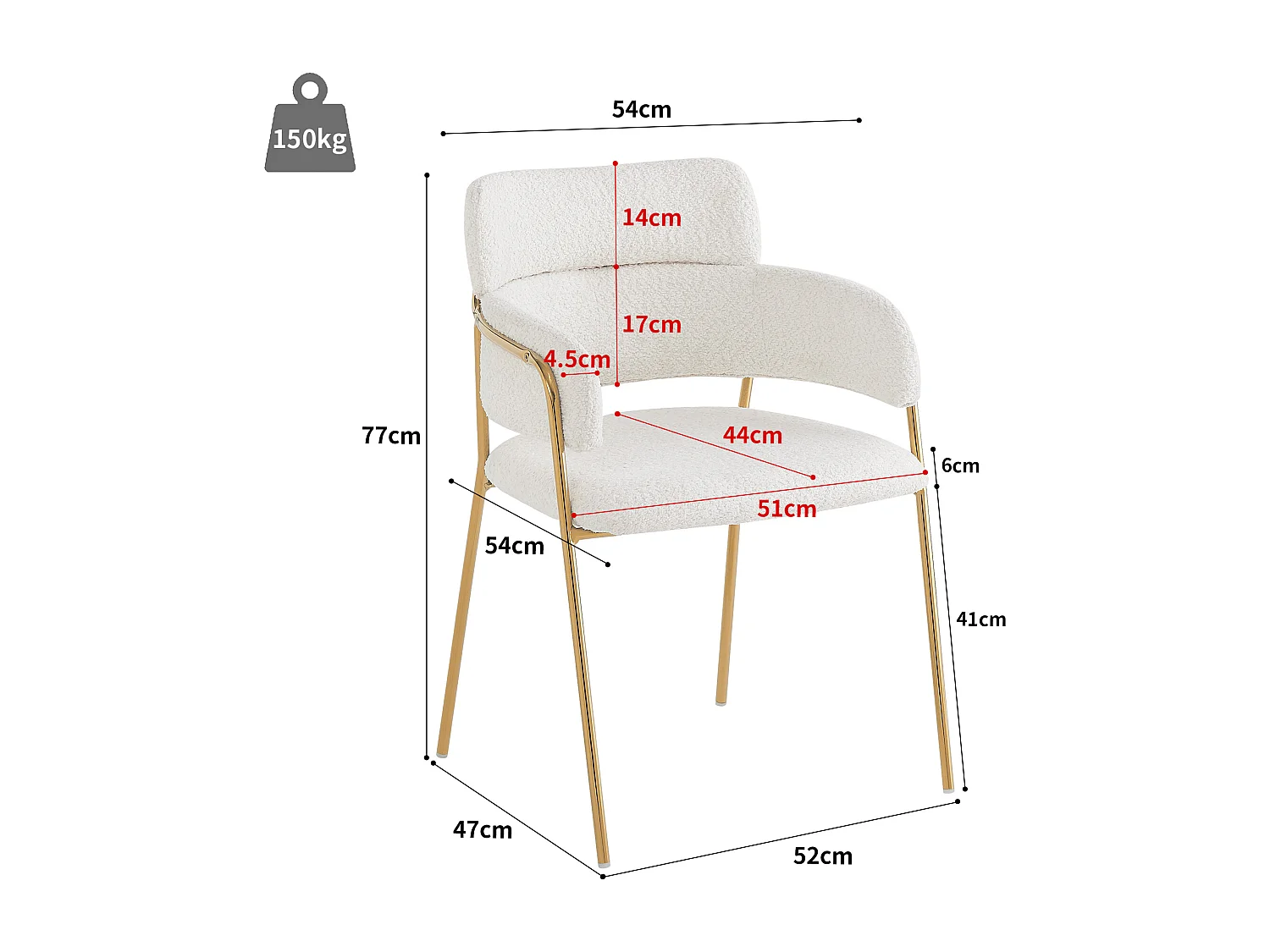 Set van 2 eetkamerstoelen, modern met gouden poten, ergonomische, luxe stoel, beige