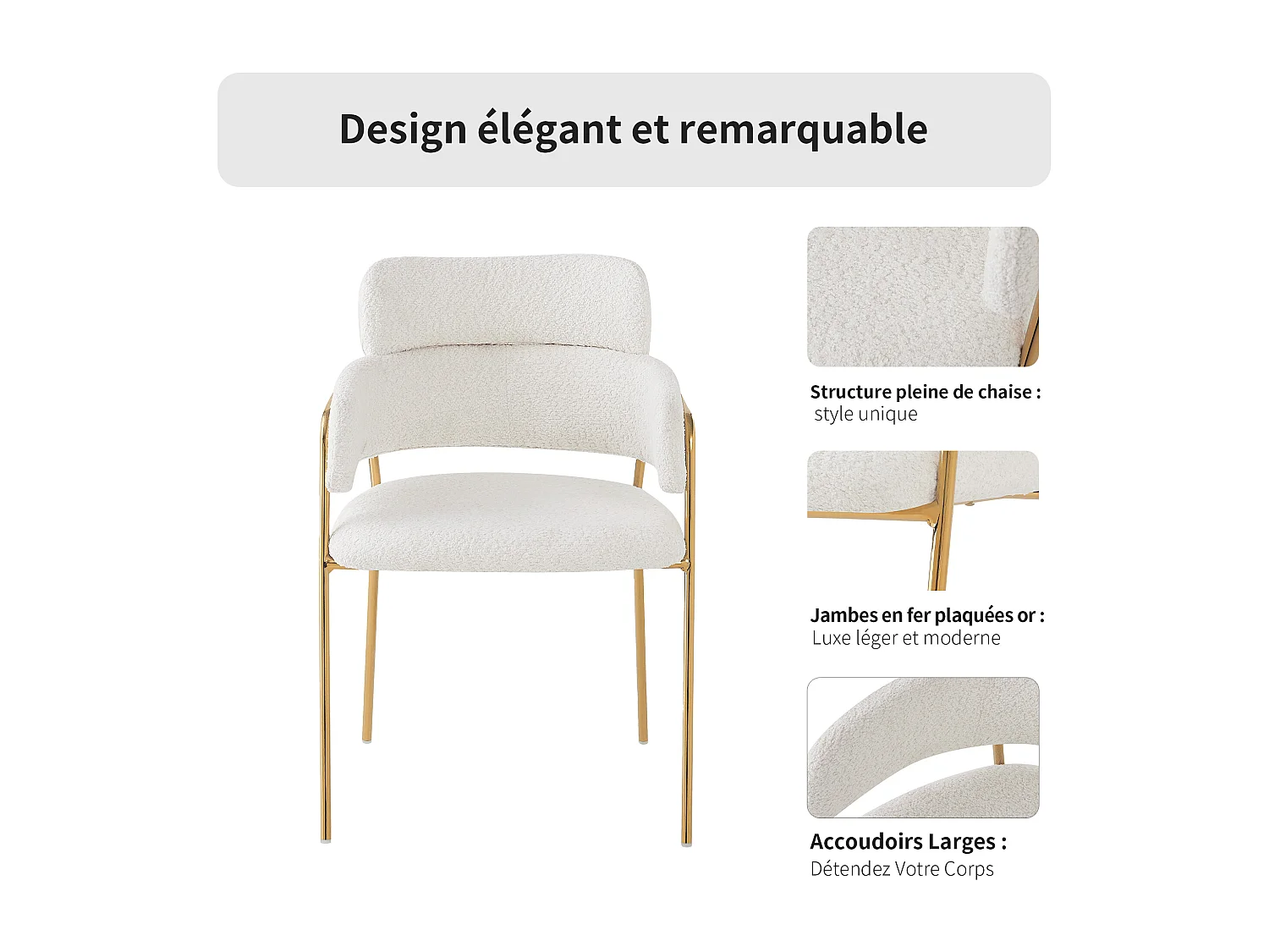 Set van 2 eetkamerstoelen, modern met gouden poten, ergonomische, luxe stoel, beige