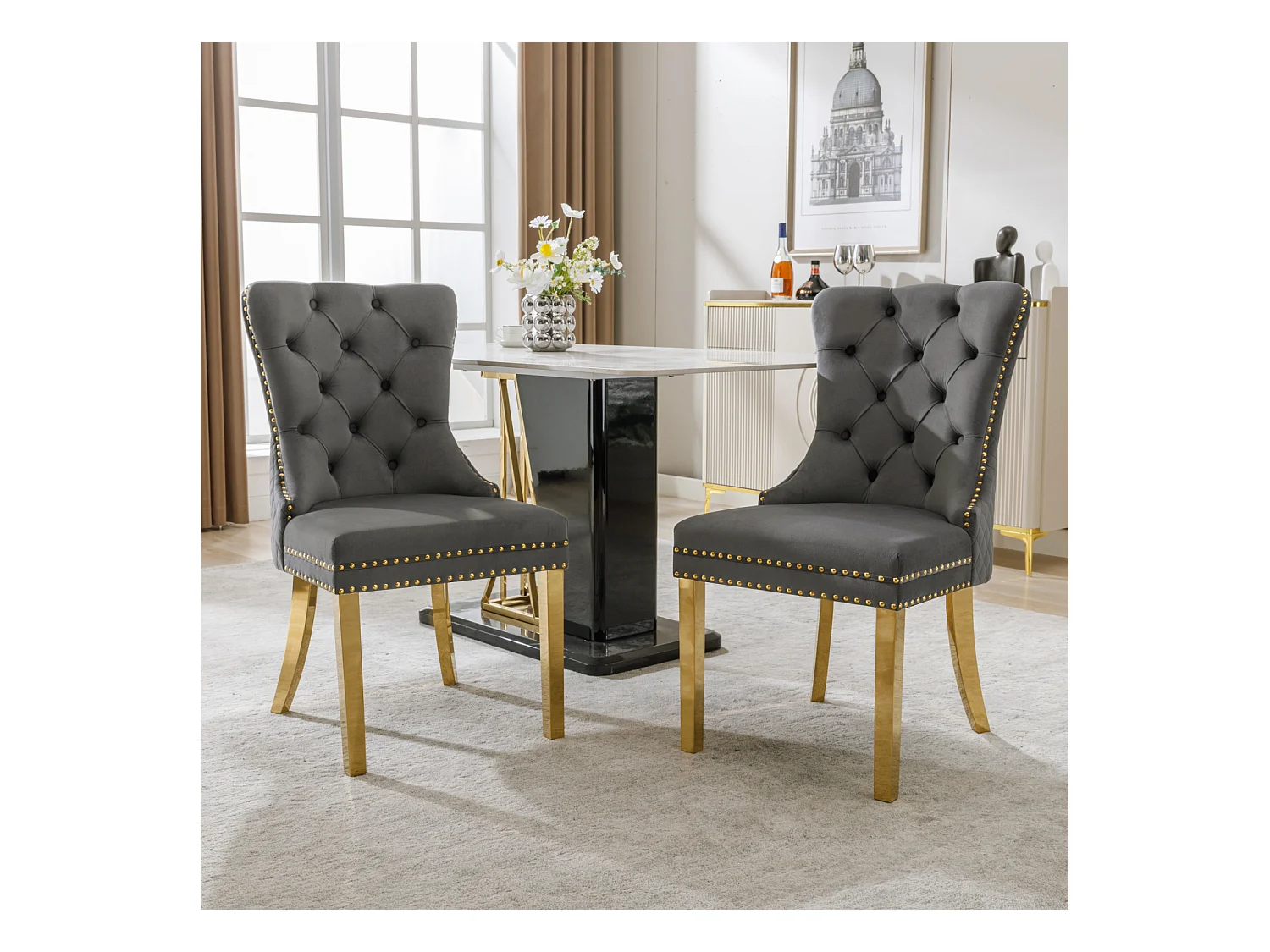 Eetkamerstoel set van 2, gestoffeerde stoel met spijkerkop afwerking, poten van verguld roestvrij staal, fluwelen bekleding, grijs/goud, met ronde trekringen