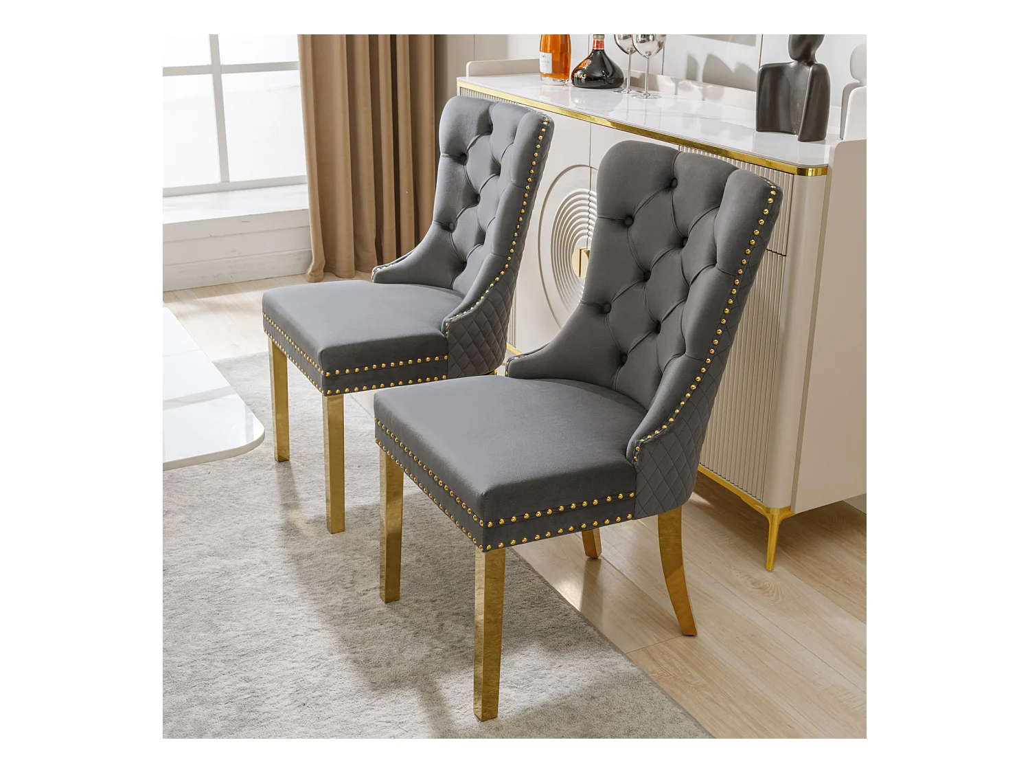 Eetkamerstoel set van 2, gestoffeerde stoel met spijkerkop afwerking, poten van verguld roestvrij staal, fluwelen bekleding, grijs/goud, met ronde trekringen
