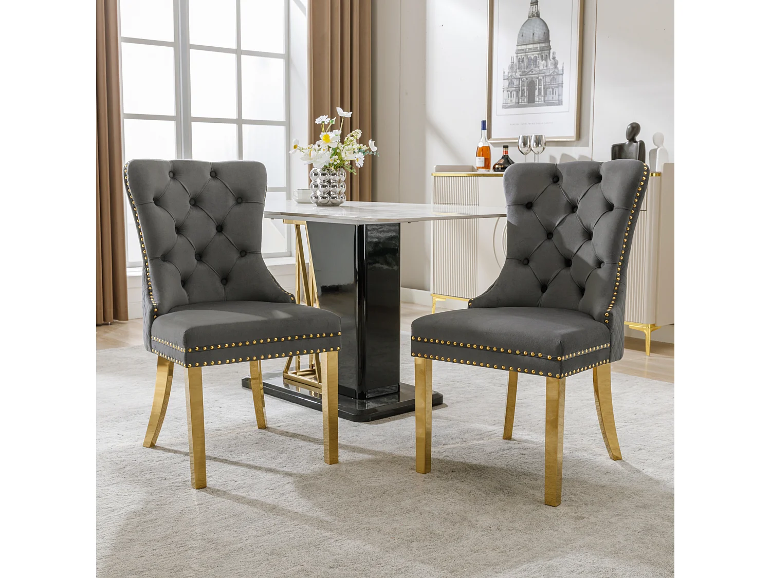 Eetkamerstoel set van 2, gestoffeerde stoel met spijkerkop afwerking, poten van verguld roestvrij staal, fluwelen bekleding, grijs/goud, met ronde trekringen