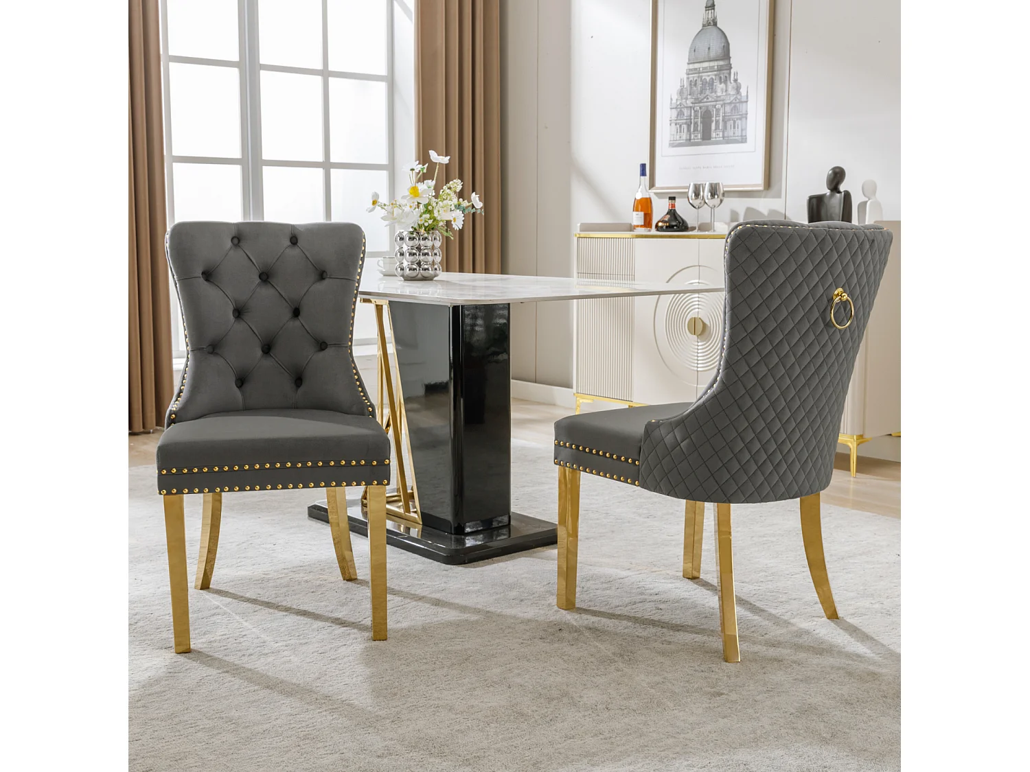 Eetkamerstoel set van 2, gestoffeerde stoel met spijkerkop afwerking, poten van verguld roestvrij staal, fluwelen bekleding, grijs/goud, met ronde trekringen
