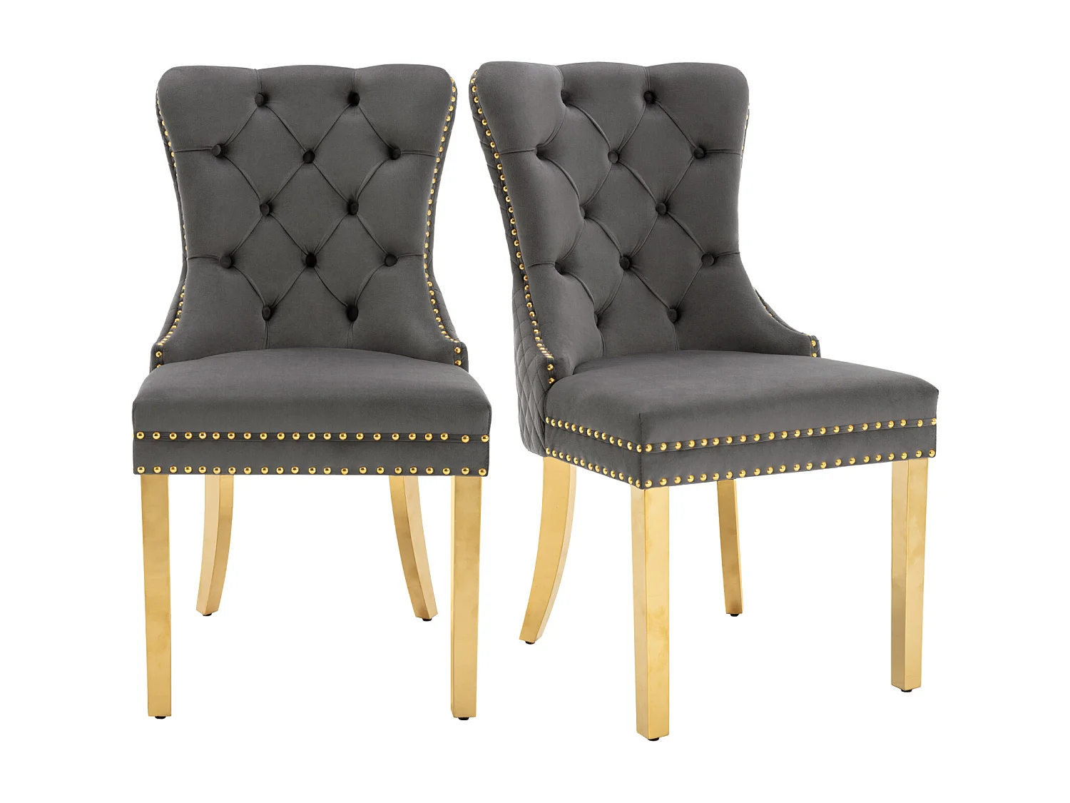 Eetkamerstoel set van 2, gestoffeerde stoel met spijkerkop afwerking, poten van verguld roestvrij staal, fluwelen bekleding, grijs/goud, met ronde trekringen