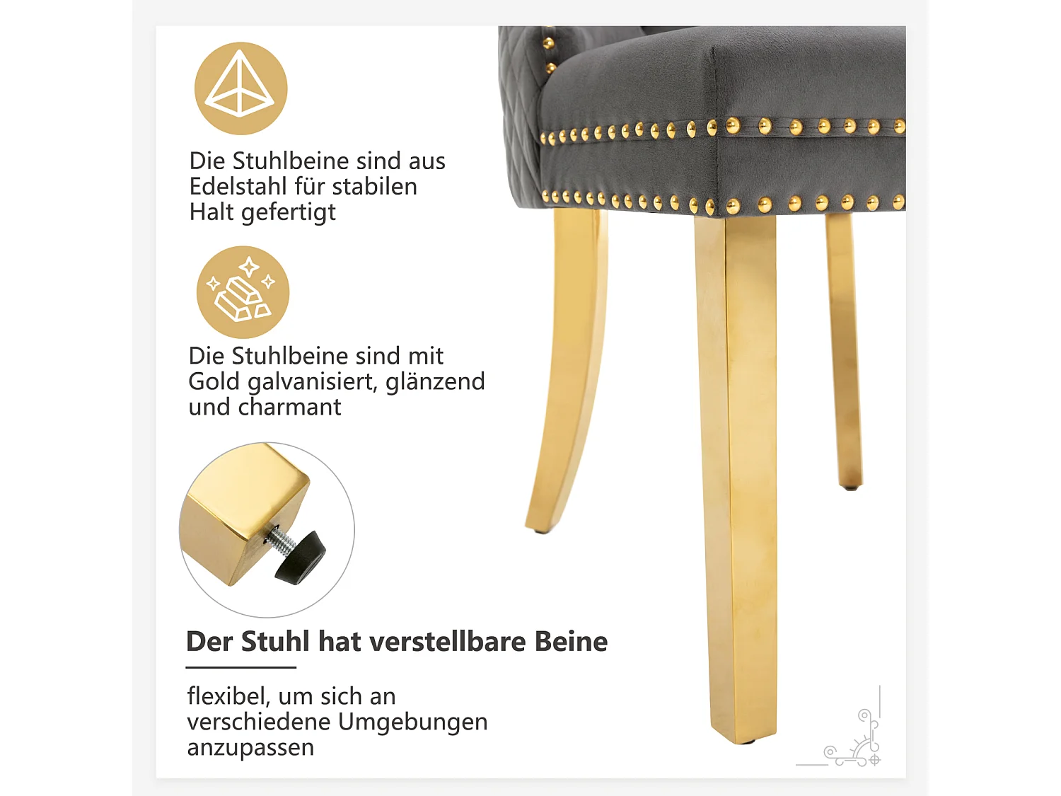 Eetkamerstoel set van 2, gestoffeerde stoel met spijkerkop afwerking, poten van verguld roestvrij staal, fluwelen bekleding, grijs/goud, met ronde trekringen