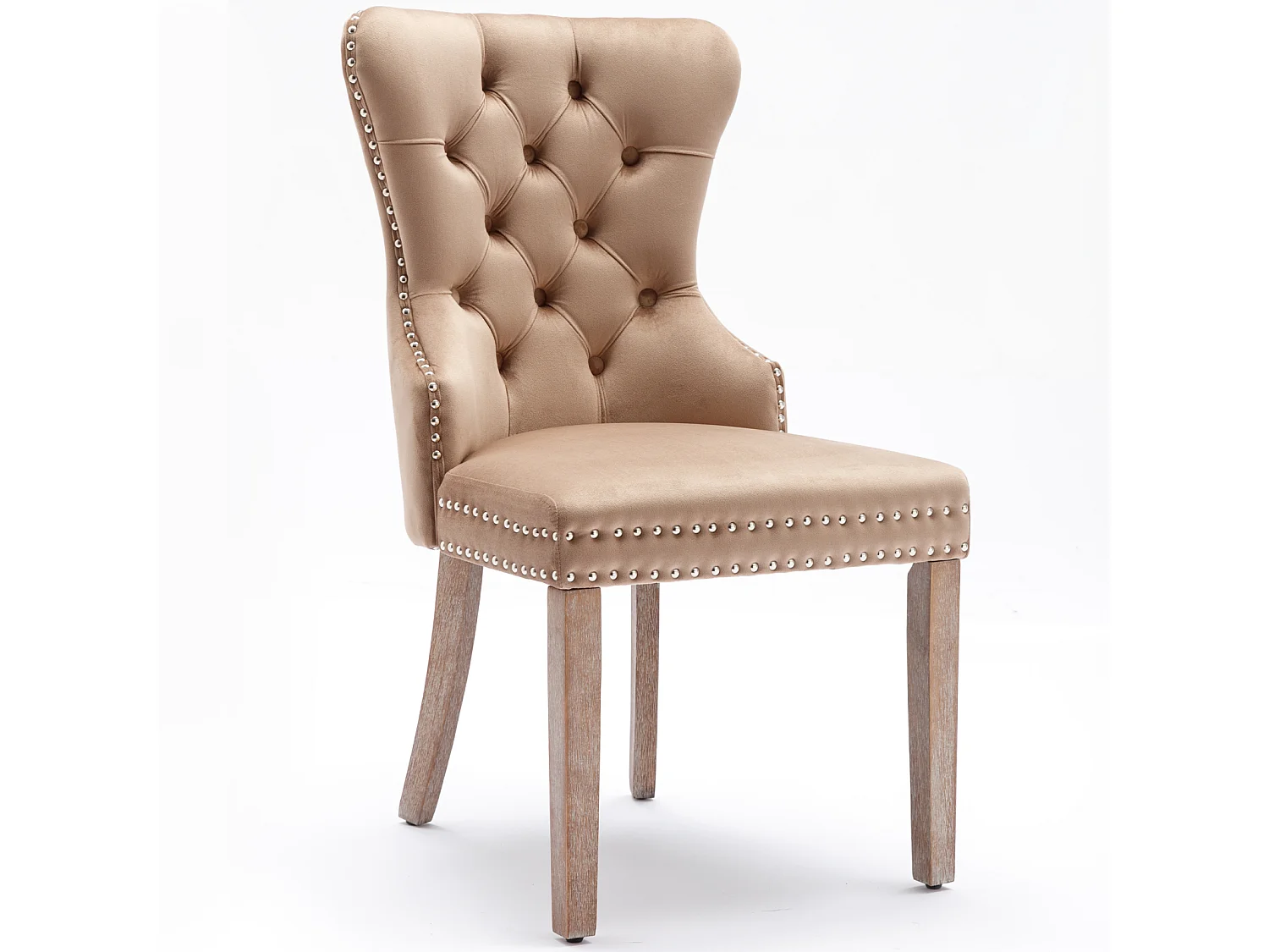 Set di 2 sedie da pranzo, sedia imbottita con finiture a borchie, gambe in legno massello, rivestimento in velluto, marrone, con design a batacchio