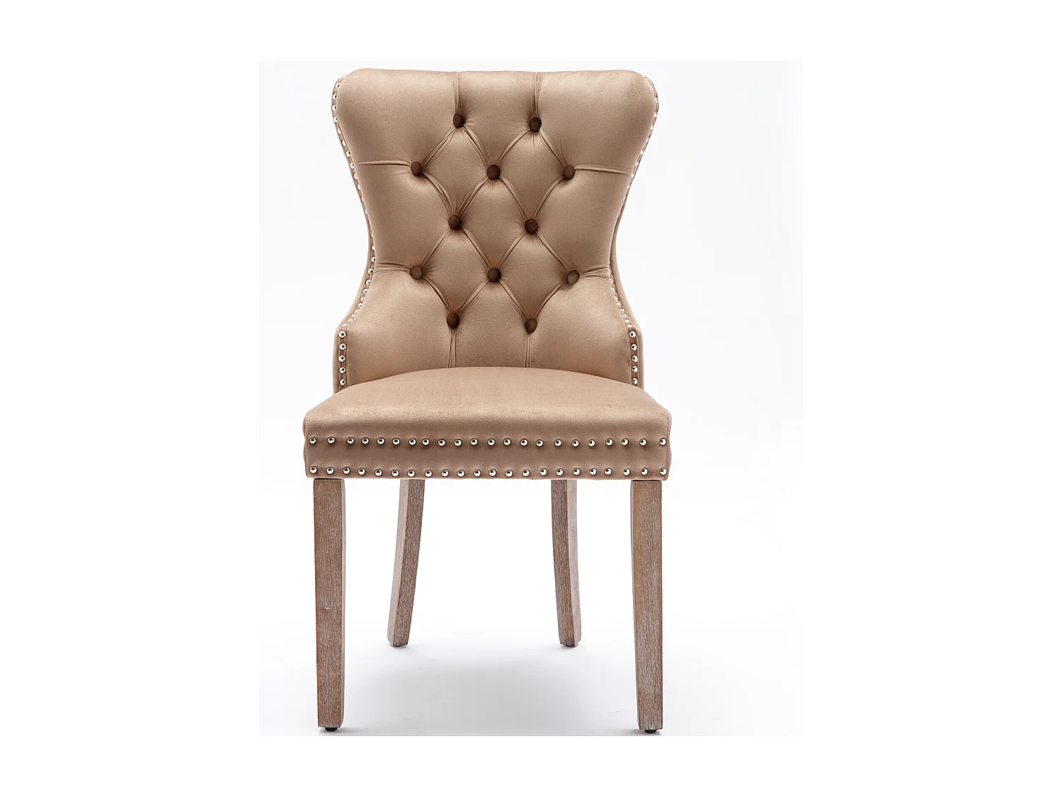 Set di 2 sedie da pranzo, sedia imbottita con finiture a borchie, gambe in legno massello, rivestimento in velluto, marrone, con design a batacchio