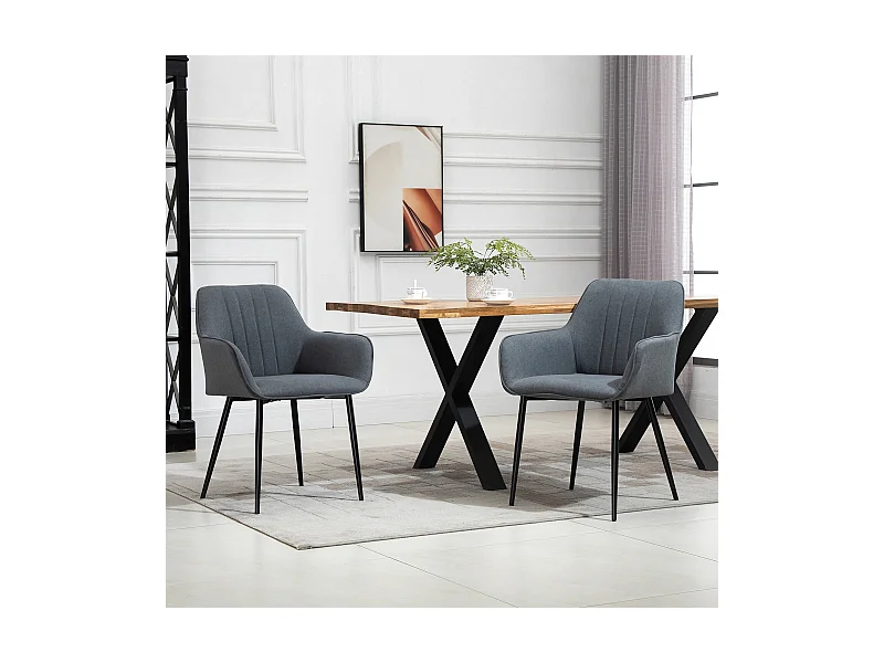 Esszimmerstühle 2er-Set, bequem mit atmungsaktivem Leinenbezug, Rücken- und Armlehne, Metallbeine, Dunkelgrau