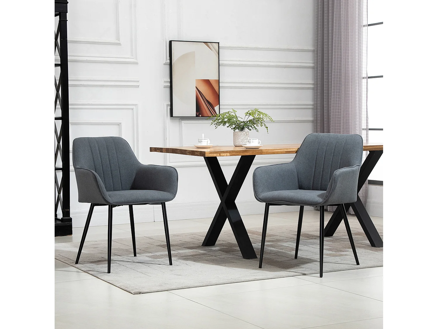 Set van 2 eetkamerstoelen, comfortabel met ademende linnen bekleding, rug- en armleuningen, metalen poten, donkergrijs