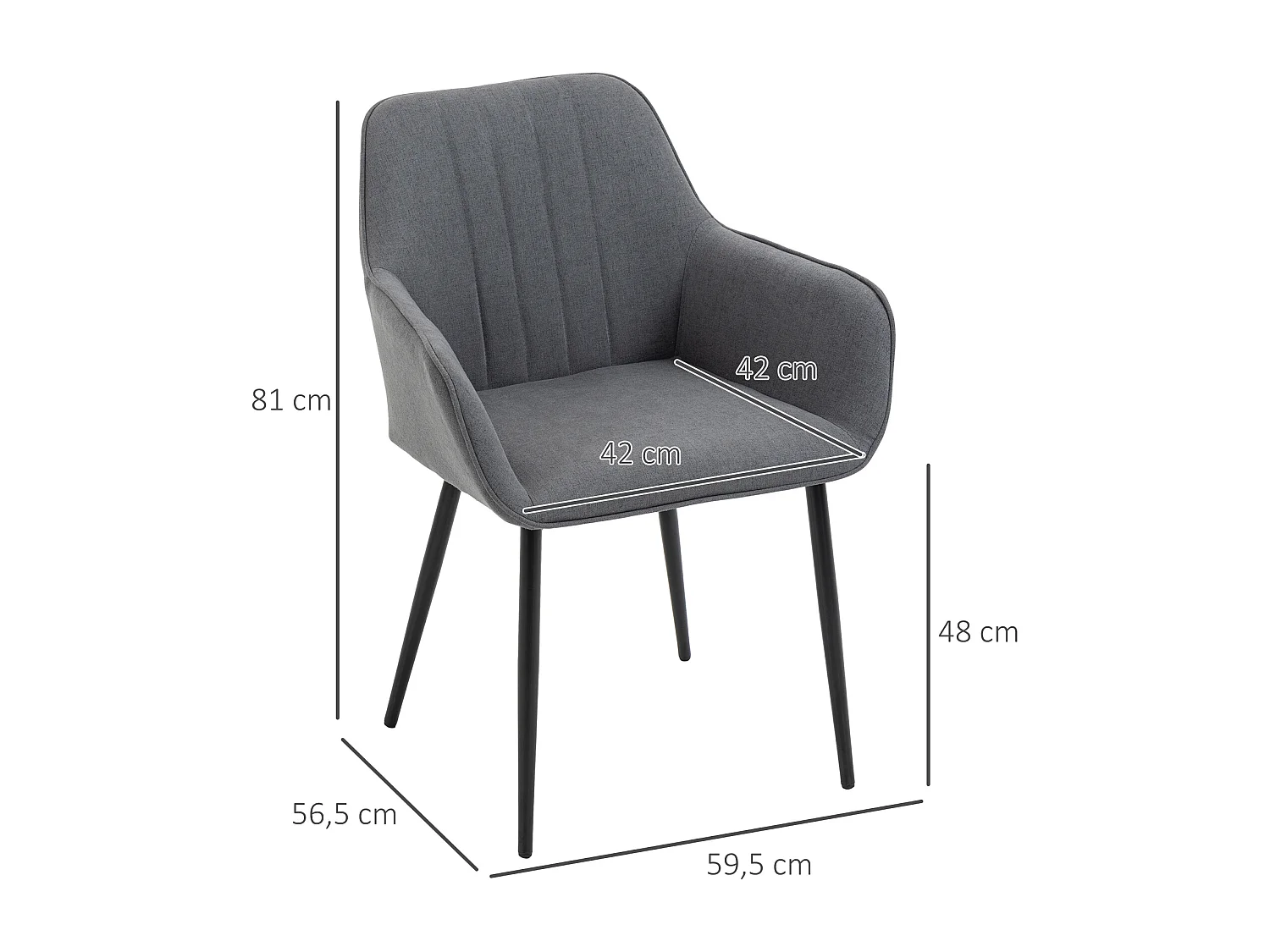 Set van 2 eetkamerstoelen, comfortabel met ademende linnen bekleding, rug- en armleuningen, metalen poten, donkergrijs