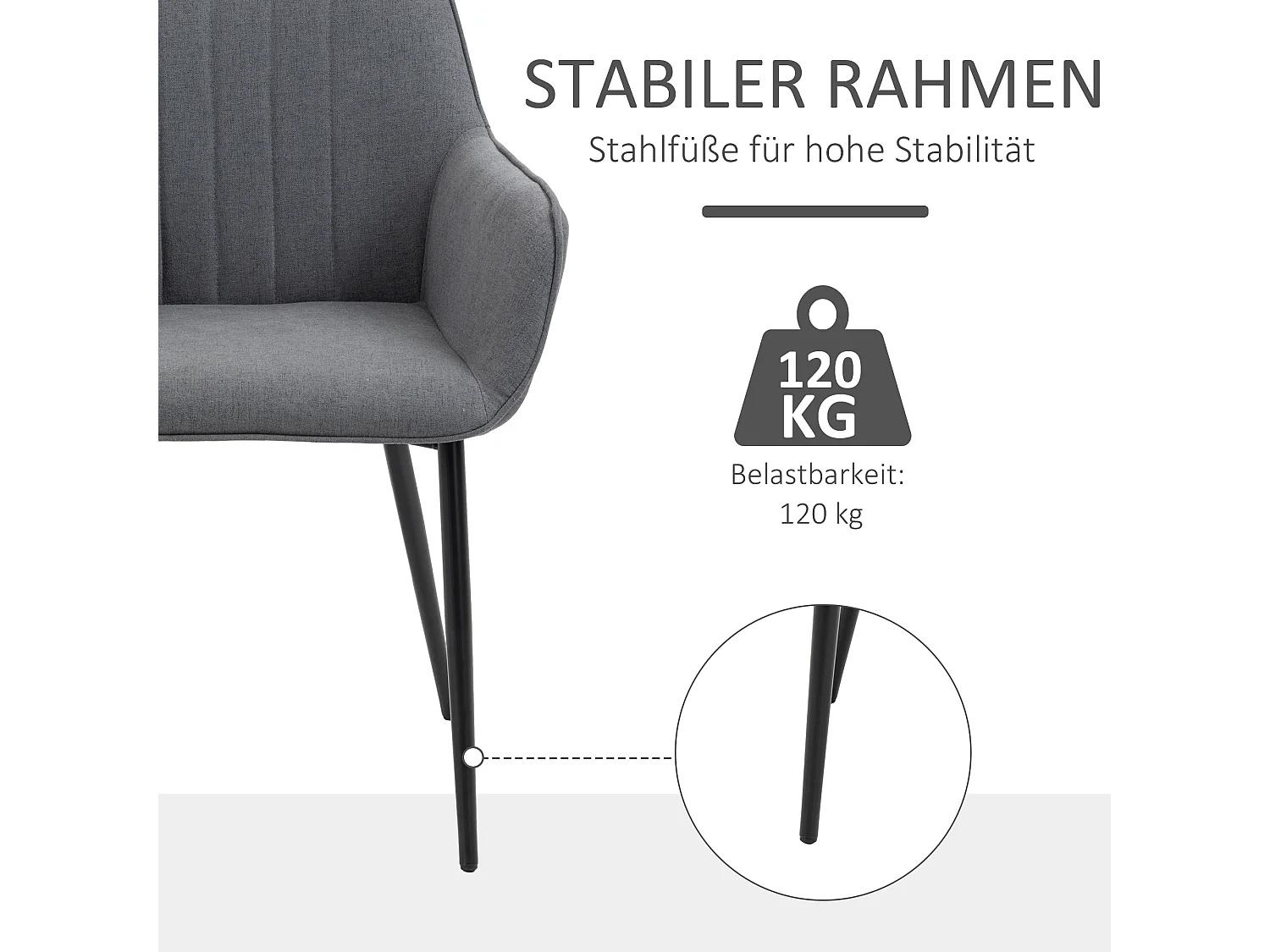 Set van 2 eetkamerstoelen, comfortabel met ademende linnen bekleding, rug- en armleuningen, metalen poten, donkergrijs