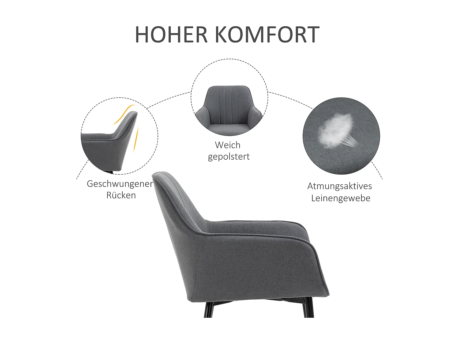 Set van 2 eetkamerstoelen, comfortabel met ademende linnen bekleding, rug- en armleuningen, metalen poten, donkergrijs