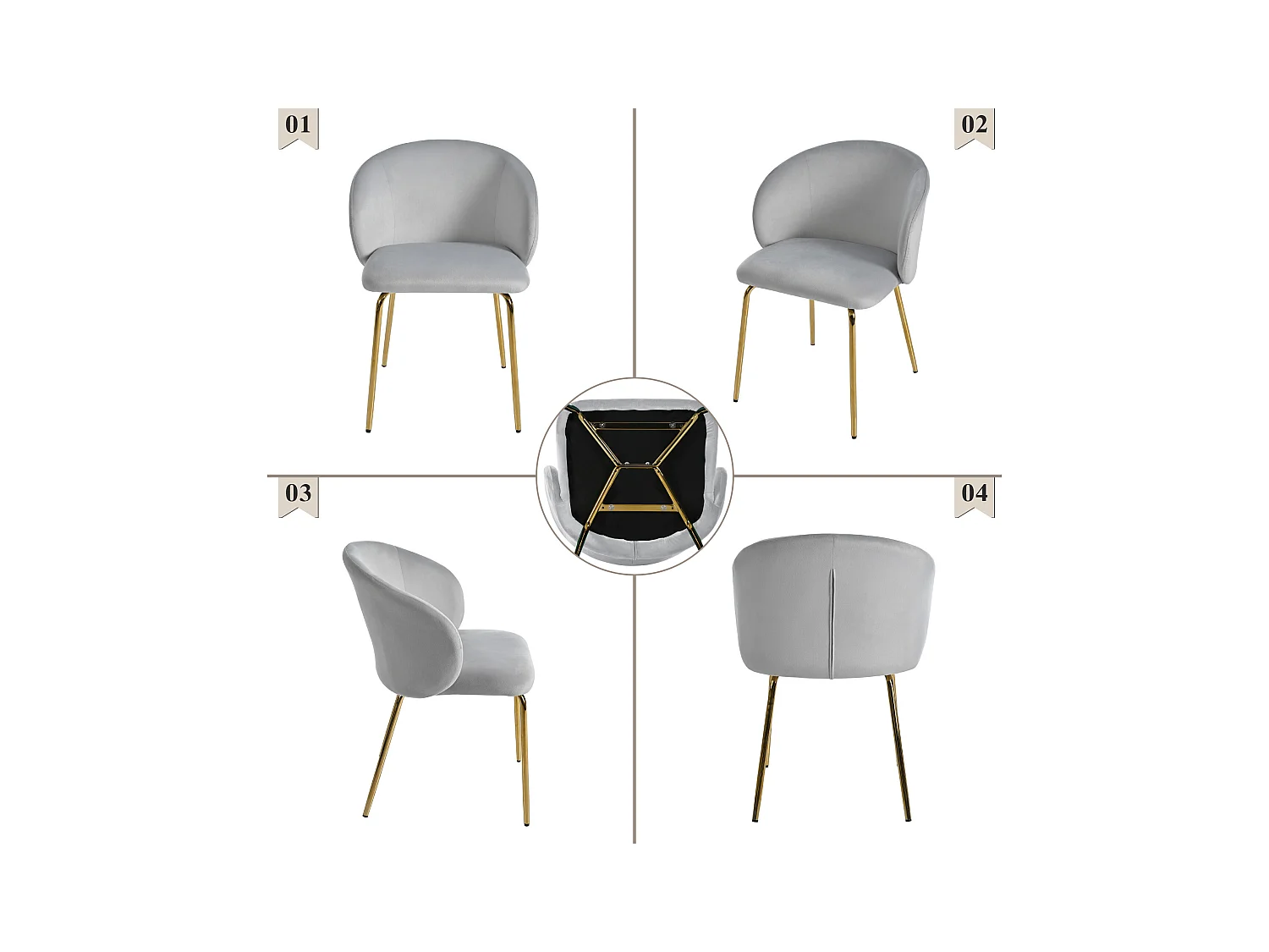 Esszimmerstühle 4er-Set, elegant mit Samtbezug, Armlehne, goldene Metallbeine, Grau