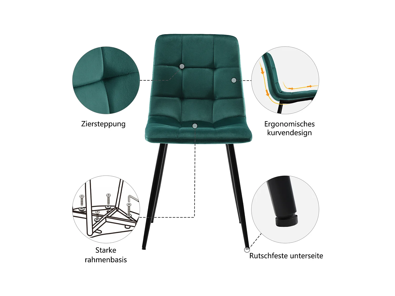 Esszimmerstuhl 4er-Set, Dunkelgrün, Polsterstuhl Design mit Rückenlehne, Samt, Metallgestell