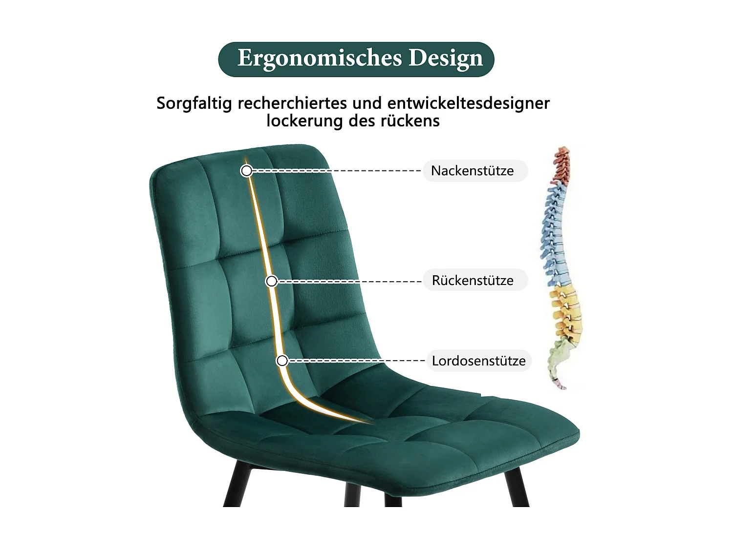 Ensemble de 4 chaises de salle à manger, vert foncé, design de chaise rembourrée avec dossier, velours, structure en métal