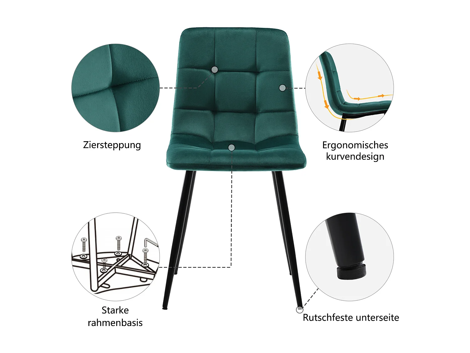 Ensemble de 4 chaises de salle à manger, vert foncé, design de chaise rembourrée avec dossier, velours, structure en métal