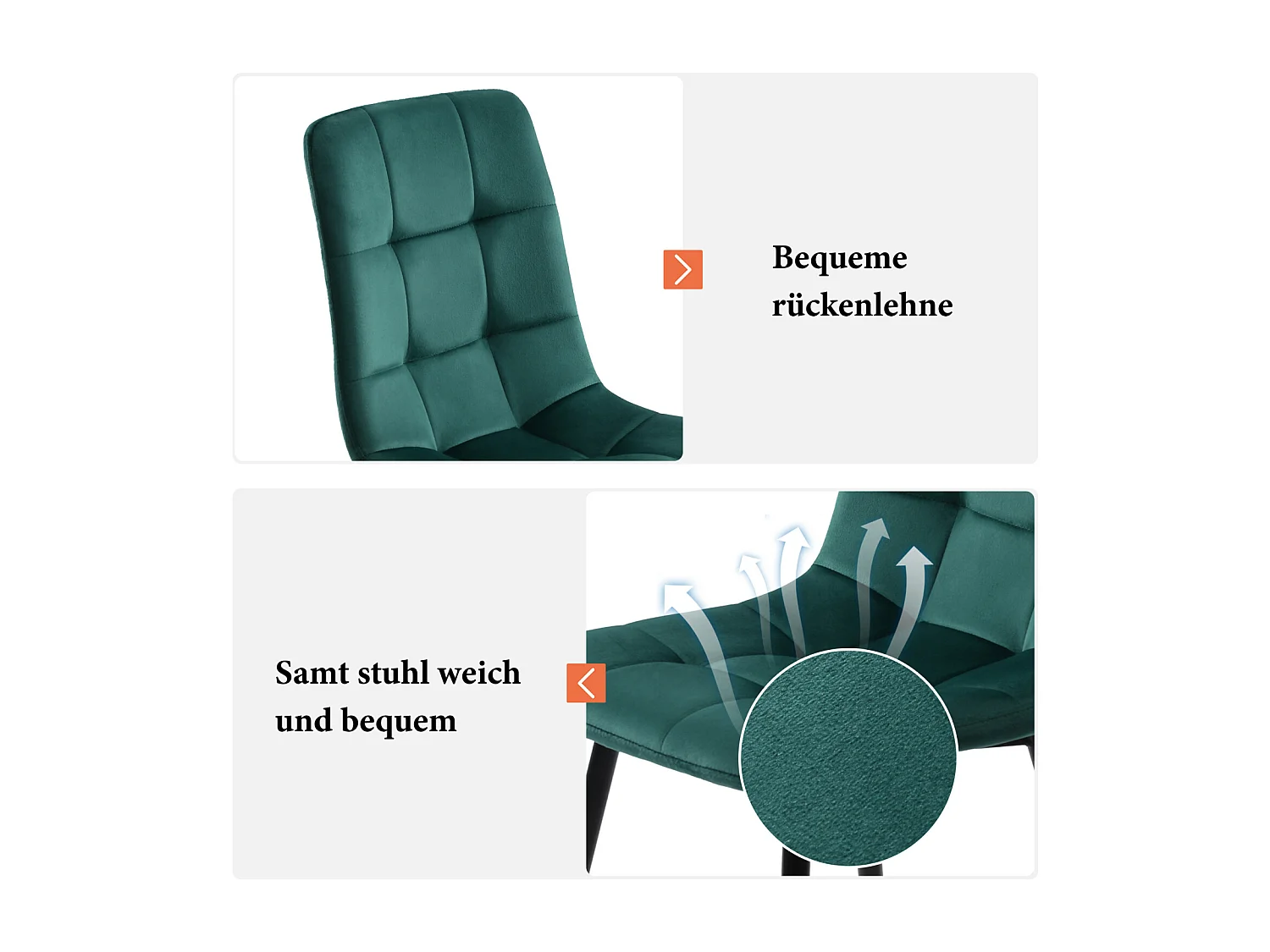 Ensemble de 4 chaises de salle à manger, vert foncé, design de chaise rembourrée avec dossier, velours, structure en métal