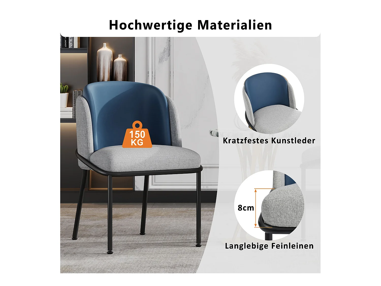 Moderne stoelenset van 4, met schuine poot en verstelbare poten, grijs+marineblauw