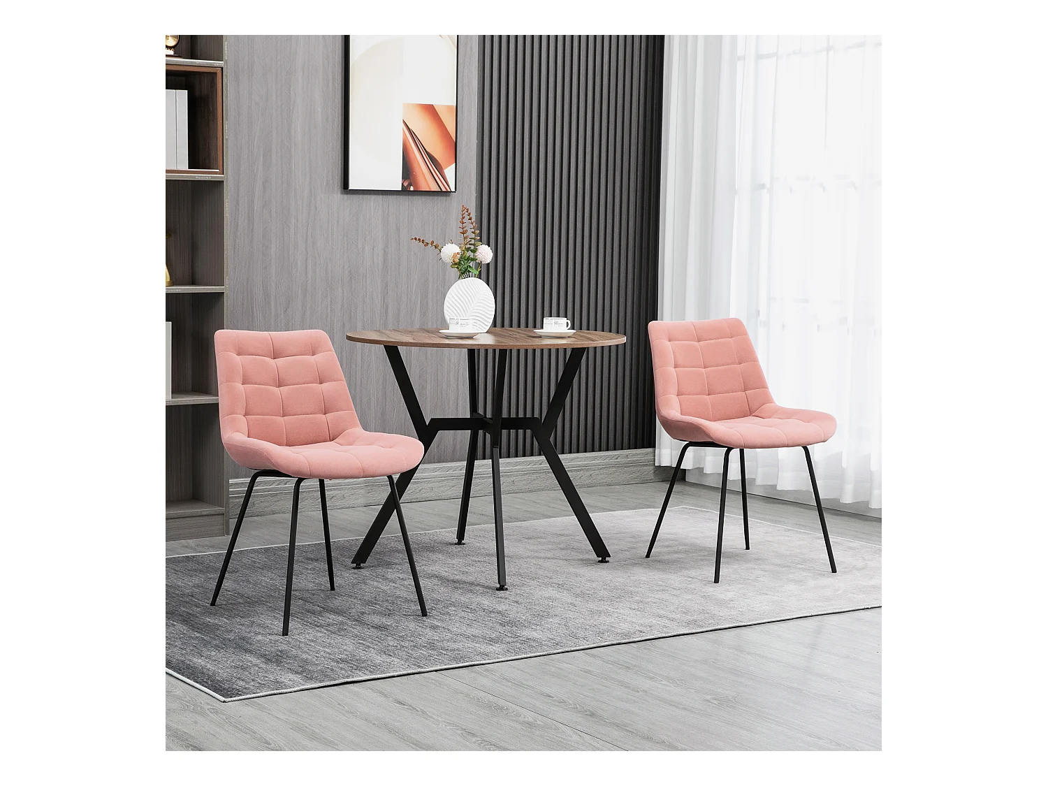 Lot de 2 chaises de salle à manger, chaise de cuisine avec dossier, revêtement en velours rose, design rétro, pieds en acier