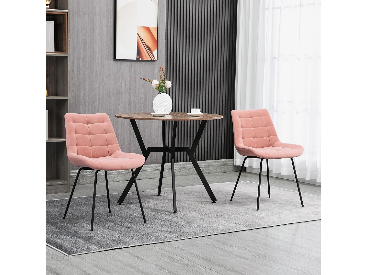 Lot de 2 chaises de salle à manger, chaise de cuisine avec dossier, revêtement en velours rose, design rétro, pieds en acier
