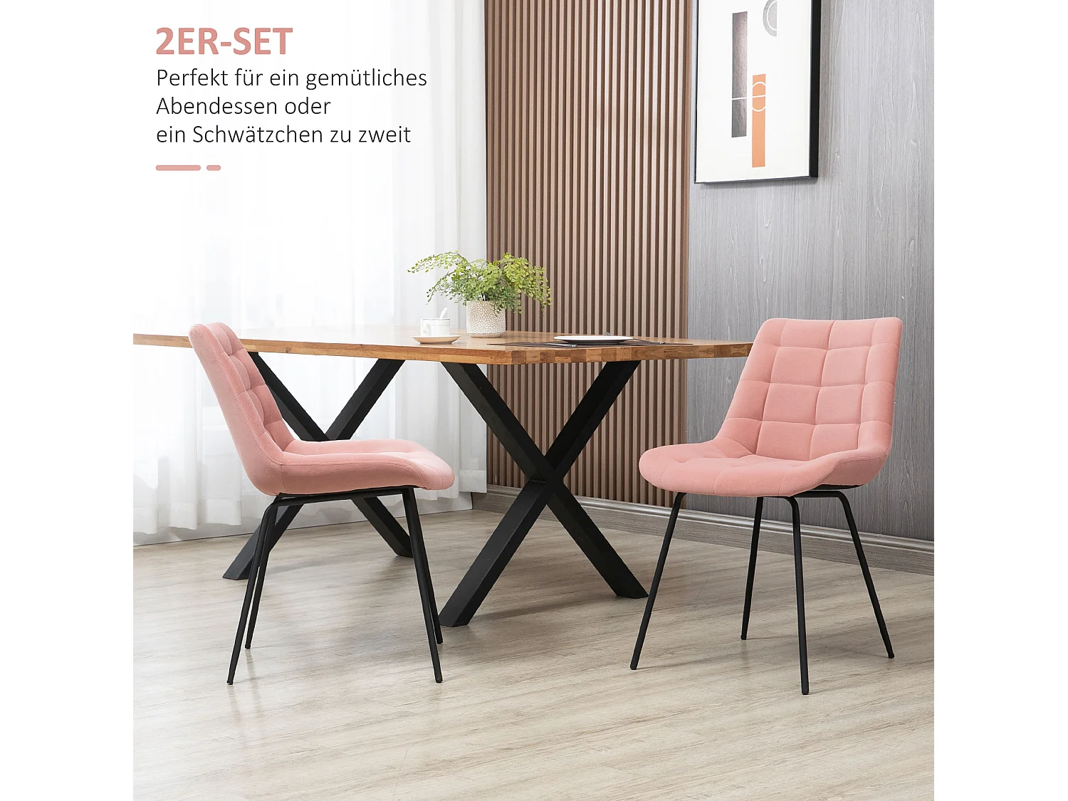 Lot de 2 chaises de salle à manger, chaise de cuisine avec dossier, revêtement en velours rose, design rétro, pieds en acier