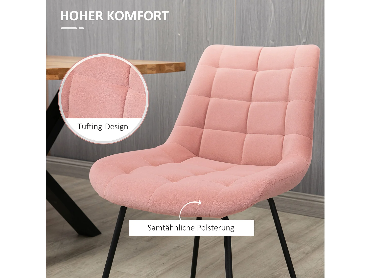 Lot de 2 chaises de salle à manger, chaise de cuisine avec dossier, revêtement en velours rose, design rétro, pieds en acier