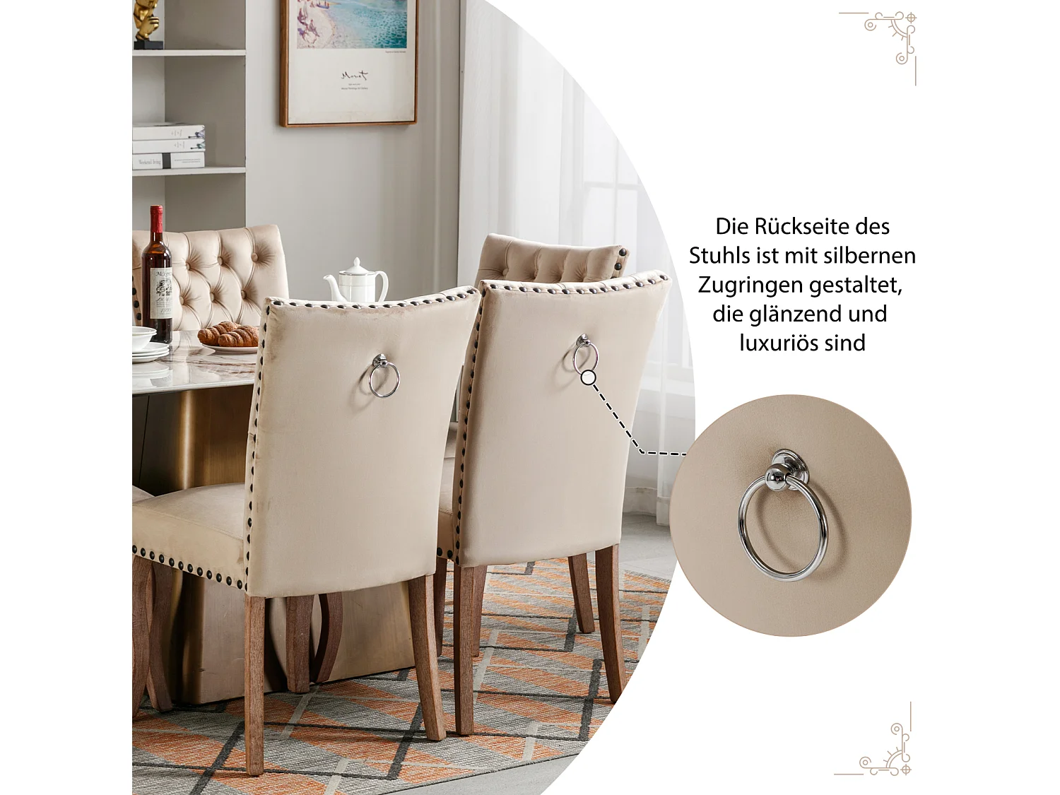 Conjunto de 6 cadeiras de jantar, cadeira estofada com acabamento em tachas, pernas de madeira maciça, capa de veludo, camelo claro, com design de aldrava