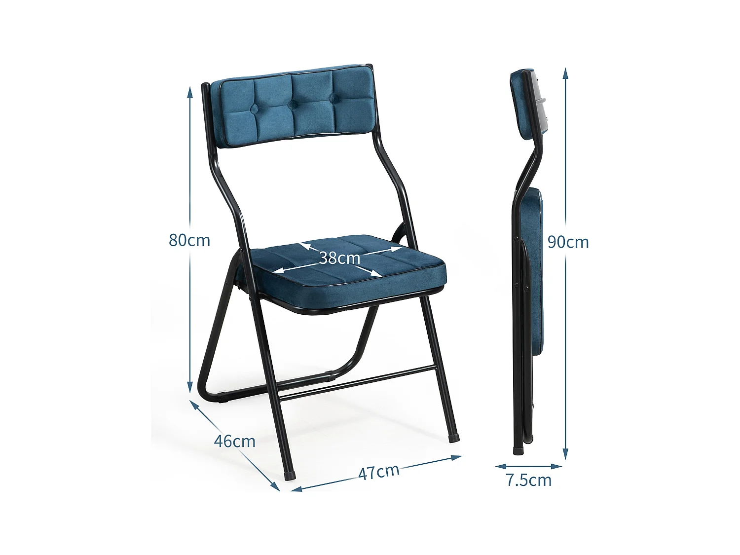 Conjunto de 2 cadeiras dobráveis, cadeiras de jantar dobráveis com almofada, portáteis, para hóspedes, cozinha e escritório, azul