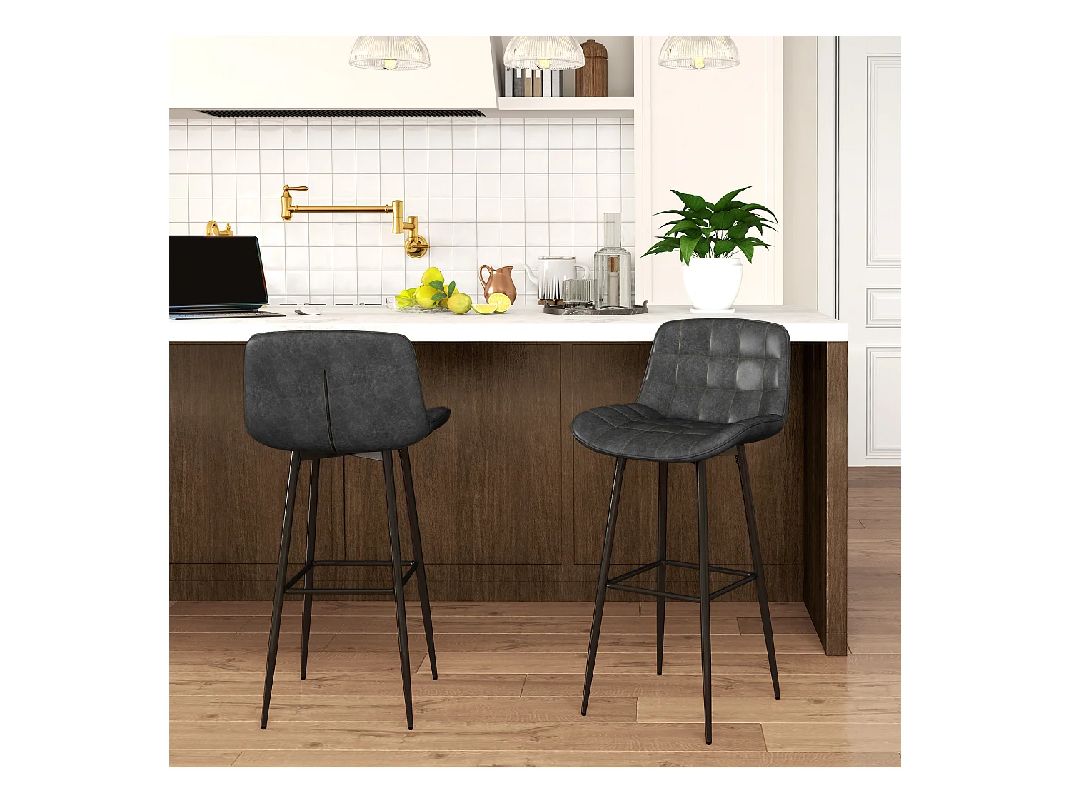 Lot de 2 tabourets de bar, tabouret de bistrot avec repose-pieds, pivotant, avec dossier, gris foncé