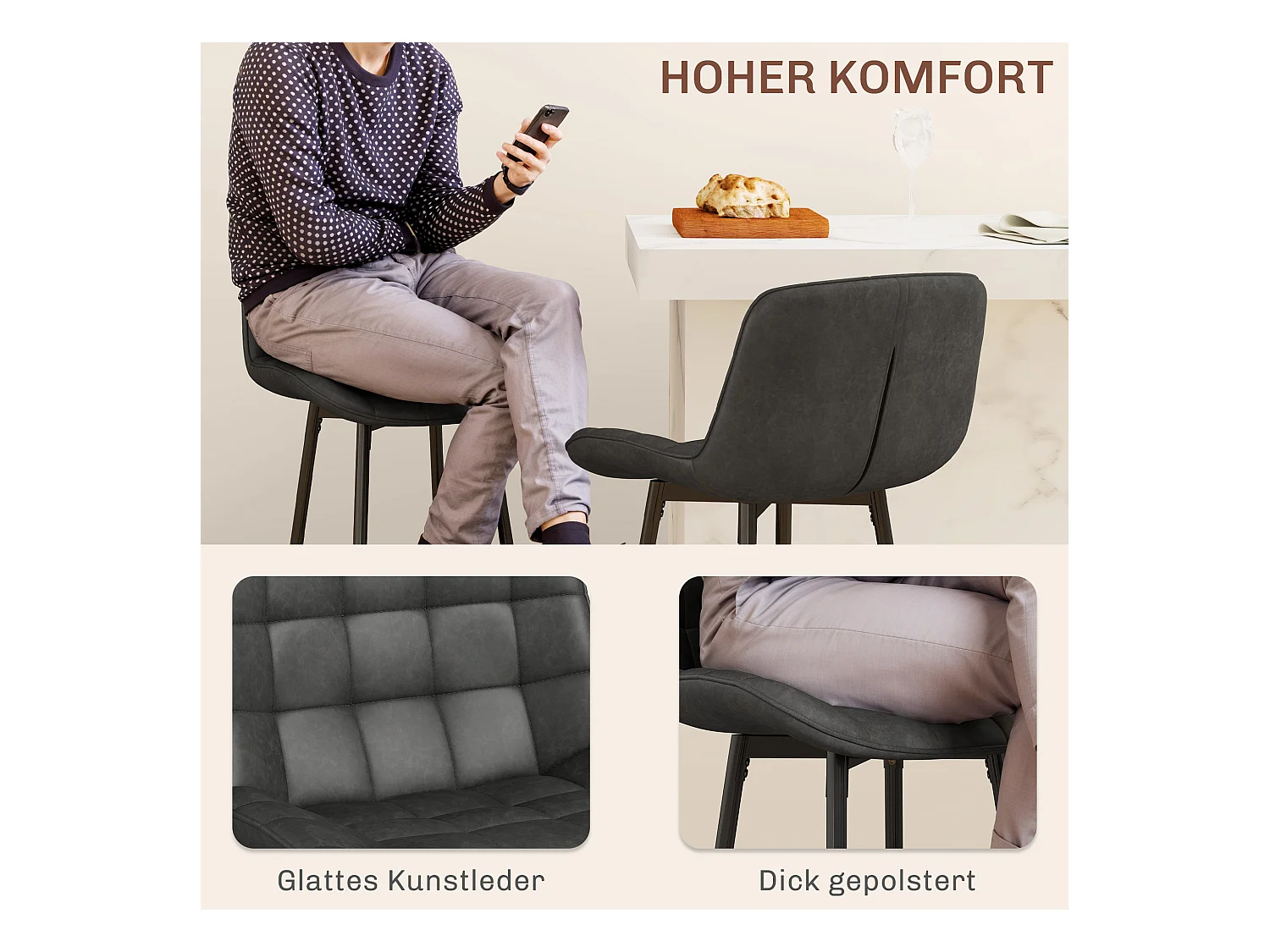 Barkruk set van 2, bistrokruk met voetensteun, draaibaar, met rugleuning, donkergrijs