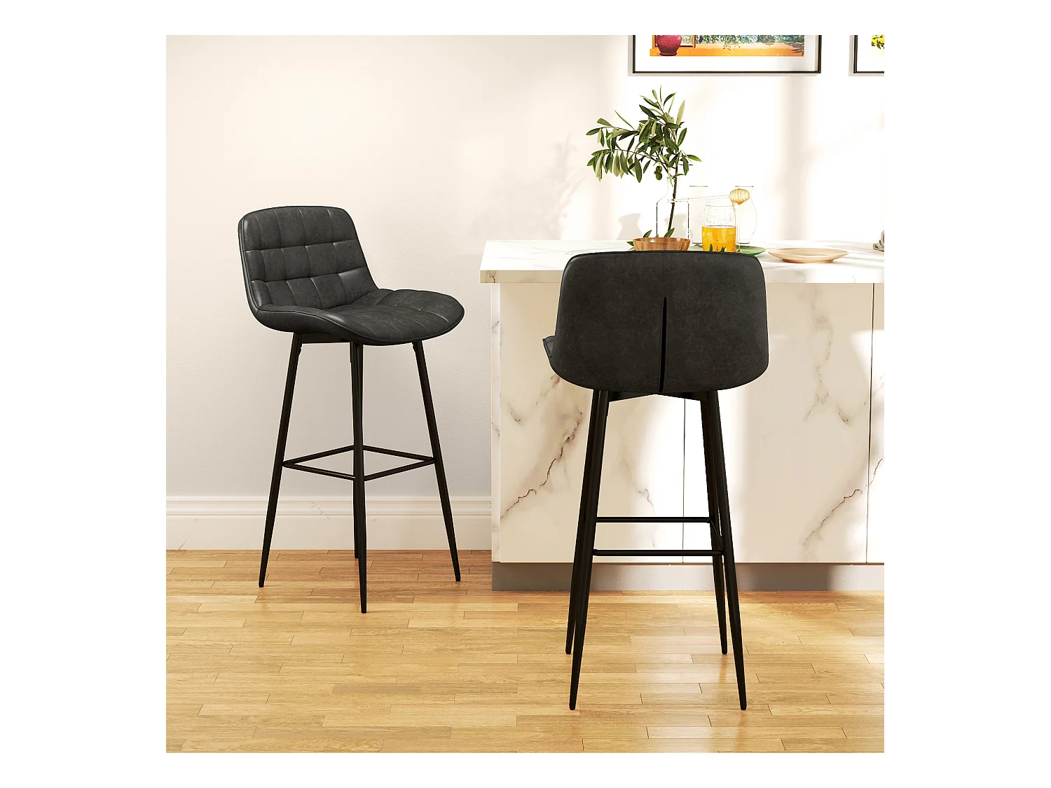 Barkruk set van 2, bistrokruk met voetensteun, draaibaar, met rugleuning, donkergrijs