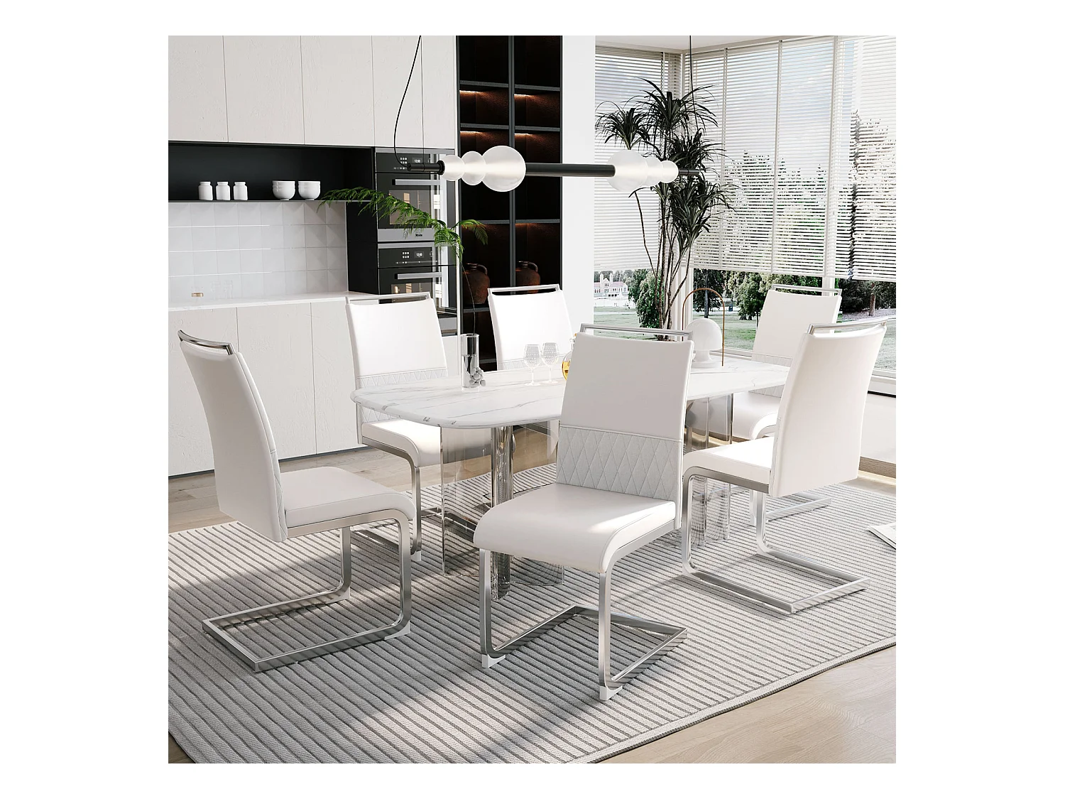 Ensemble de 6 chaises de salle à manger modernes, dossier en cuir PU et lin, dossier haut rembourré, motif à rayures horizontales, blanc