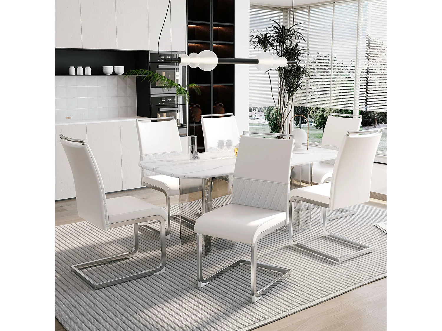 Moderne eetkamerstoelen set van 6, rugleuning van PU-leer en linnen, hoge rugleuning gestoffeerd, horizontaal streepdessin, wit