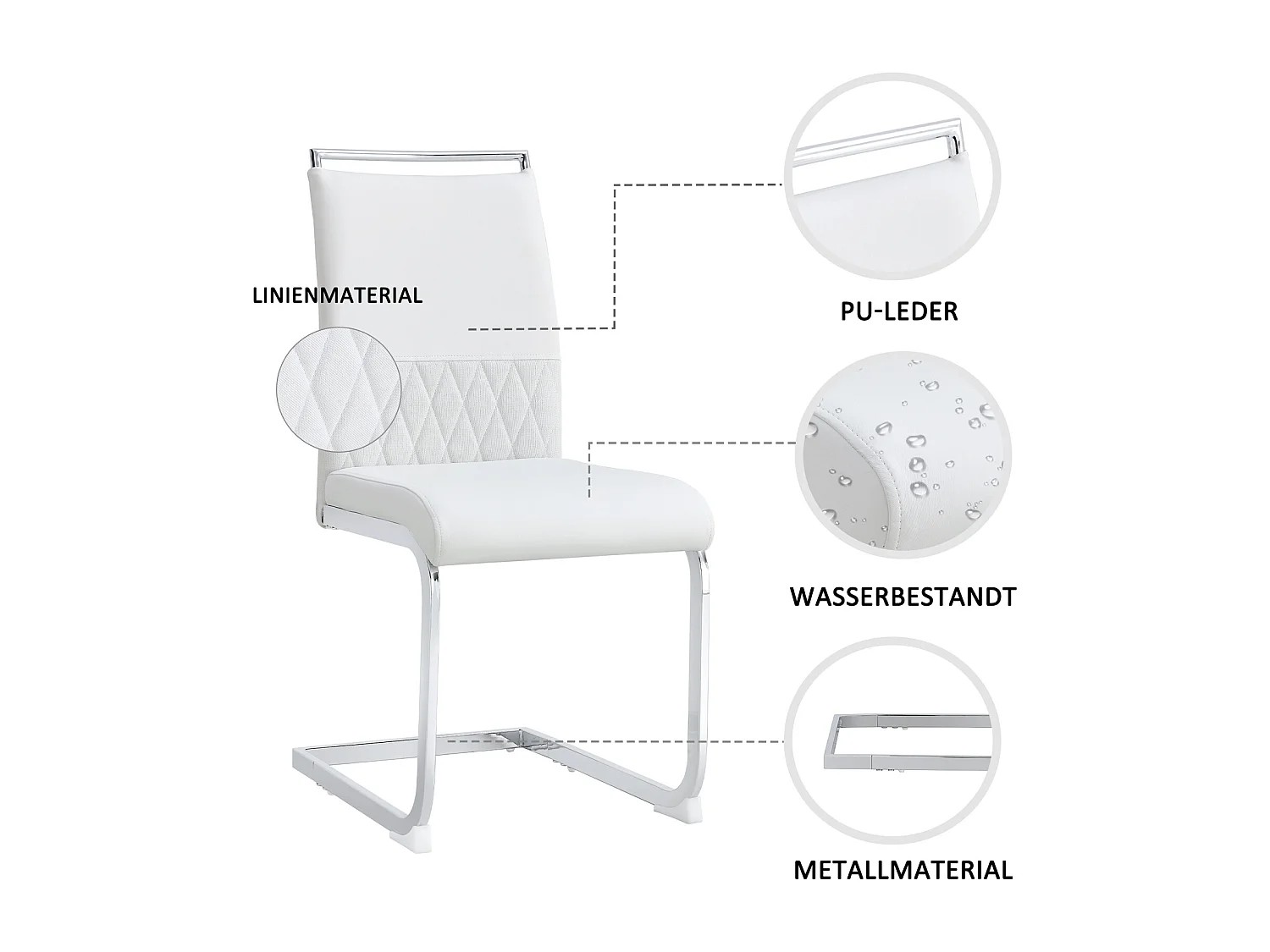 Moderne eetkamerstoelen set van 6, rugleuning van PU-leer en linnen, hoge rugleuning gestoffeerd, horizontaal streepdessin, wit