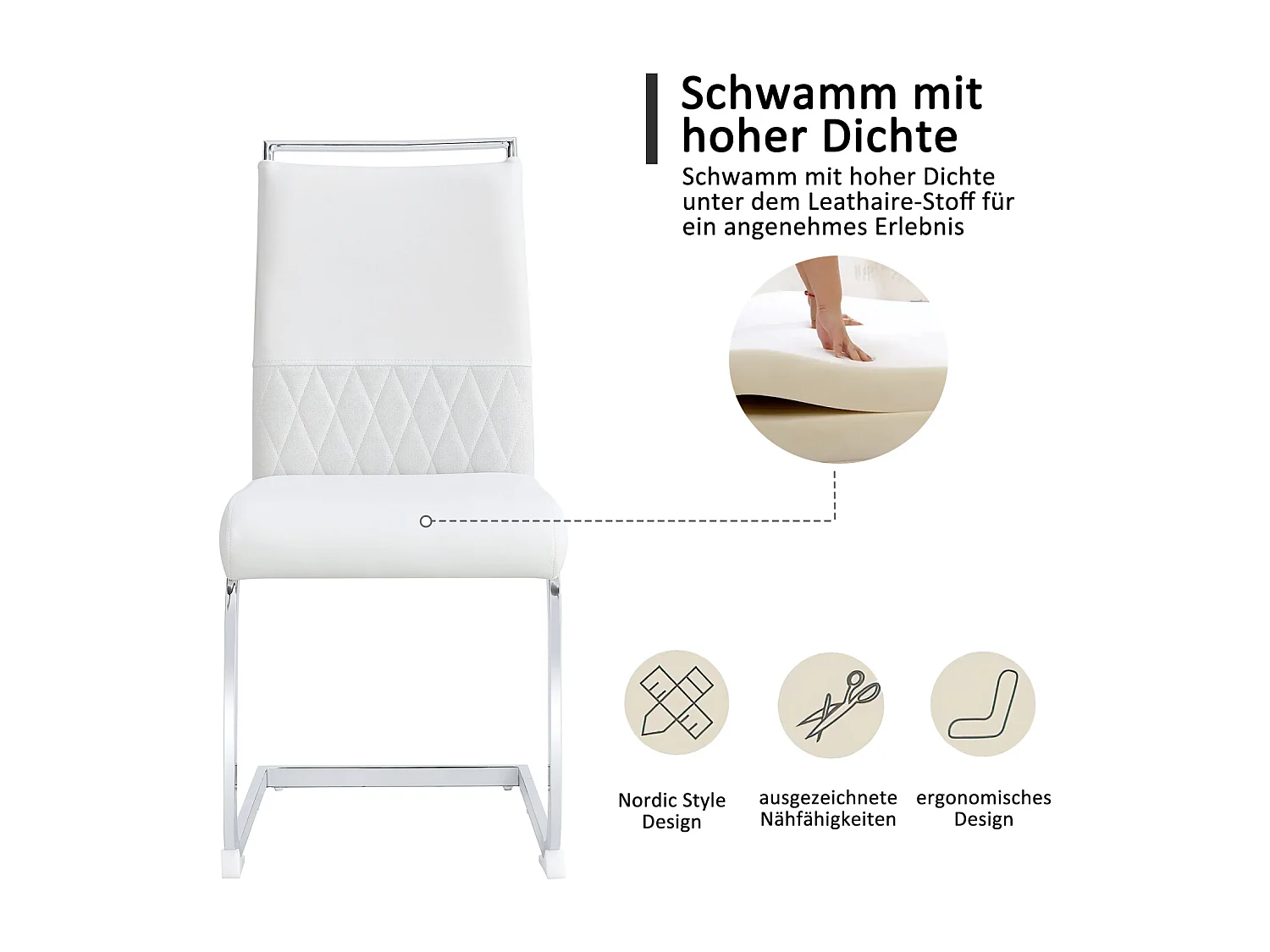 Moderne eetkamerstoelen set van 6, rugleuning van PU-leer en linnen, hoge rugleuning gestoffeerd, horizontaal streepdessin, wit