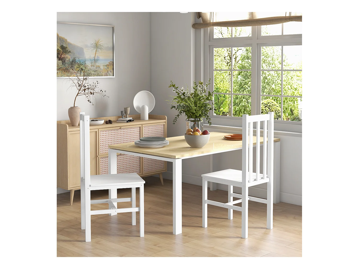 Lot de 2 chaises de salle à manger, chaise de cuisine, chaise de salle à manger avec dossier, pin, blanc