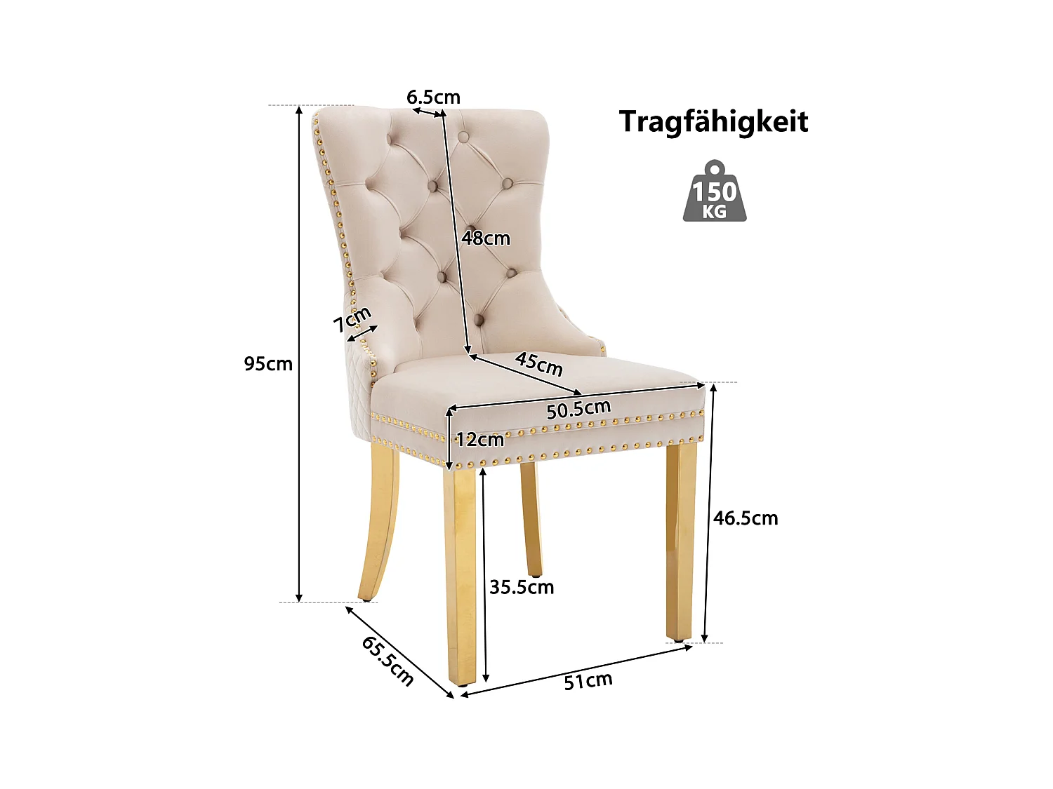 Esszimmerstuhl 4er-Set, Polsterstuhl mit Nagelkopfbesatz, Stützbeine aus vergoldetem Edelstahl, Samtbezug, Beige/Gold, mit Türklopfer-Design