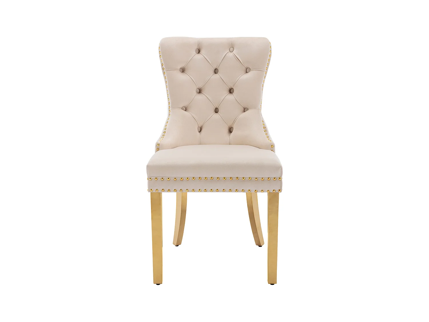 Esszimmerstuhl 4er-Set, Polsterstuhl mit Nagelkopfbesatz, Stützbeine aus vergoldetem Edelstahl, Samtbezug, Beige/Gold, mit Türklopfer-Design