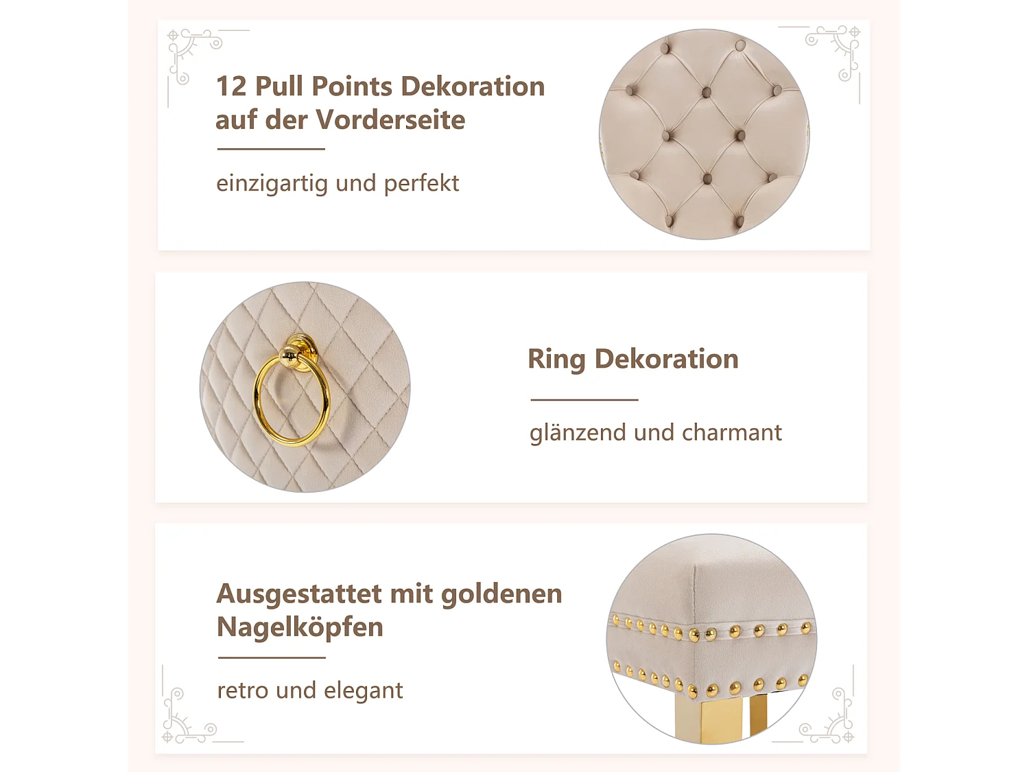 Esszimmerstuhl 4er-Set, Polsterstuhl mit Nagelkopfbesatz, Stützbeine aus vergoldetem Edelstahl, Samtbezug, Beige/Gold, mit Türklopfer-Design