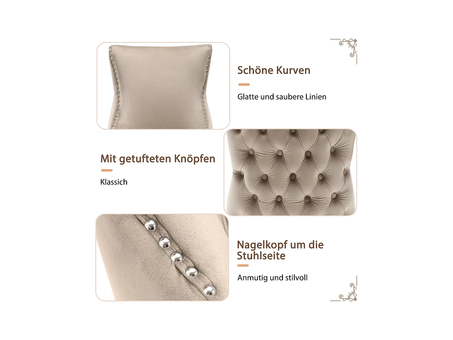 Esszimmerstuhl 4er-Set, Polsterstuhl mit Nagelkopfbesatz, Samtbezug, Gebogene Massivholz-Beine, Beige, mit Knopfsteppung