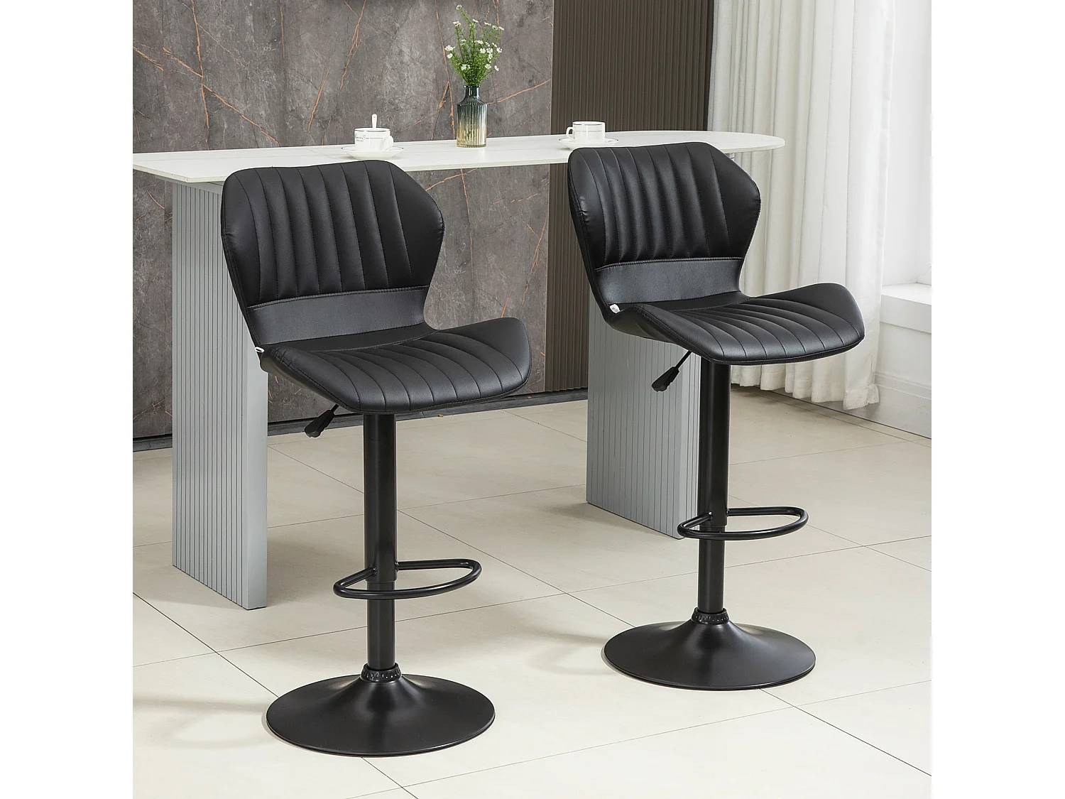 Lot de 2 tabourets de bar, chaises pivotantes à 360° avec dossier, simili cuir, réglables en hauteur