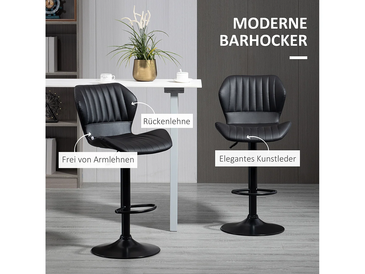 Lot de 2 tabourets de bar, chaises pivotantes à 360° avec dossier, simili cuir, réglables en hauteur