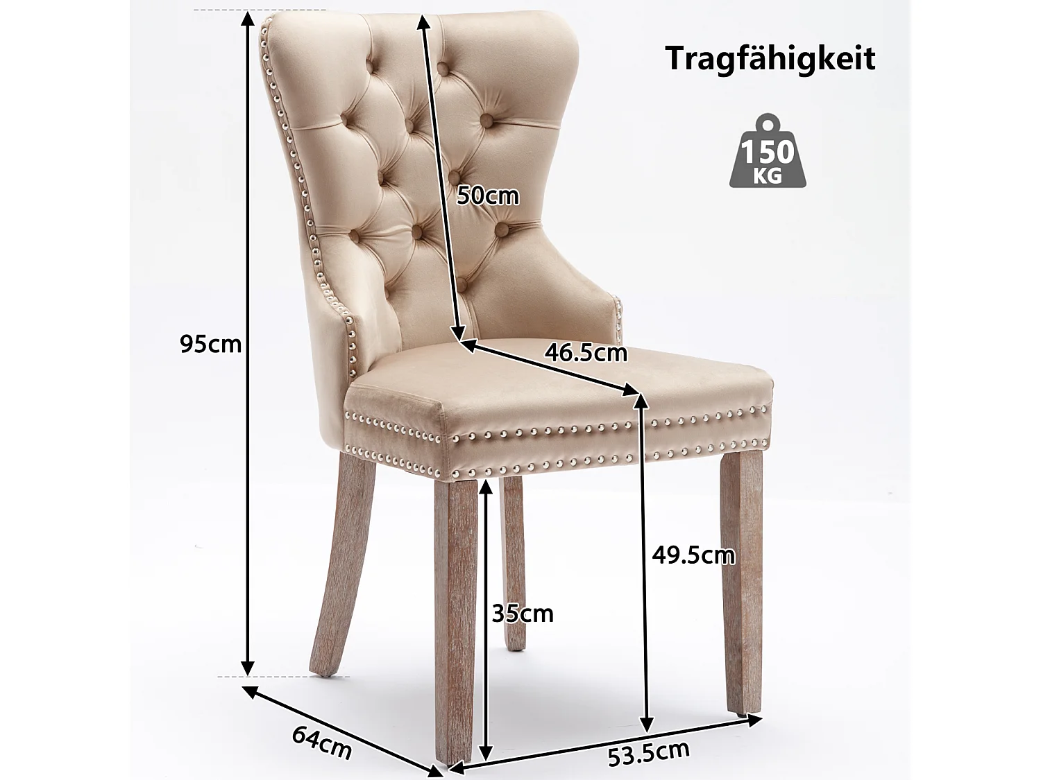 Juego de 4 sillas de comedor, tapizadas con ribete de tachuelas, patas de madera maciza, funda de terciopelo, color beige, con diseño de aldaba.