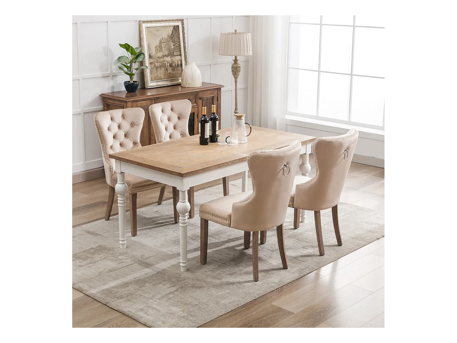 Ensemble de 4 chaises de salle à manger, chaise rembourrée avec garniture cloutée, pieds en bois massif, revêtement en velours, beige, avec motif heurtoir de porte