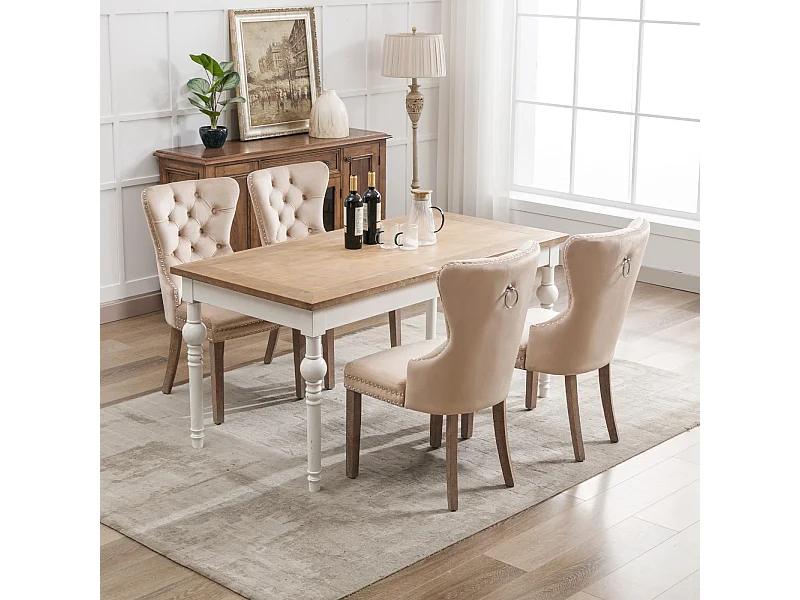 Ensemble de 4 chaises de salle à manger, chaise rembourrée avec garniture cloutée, pieds en bois massif, revêtement en velours, beige, avec motif heurtoir de porte