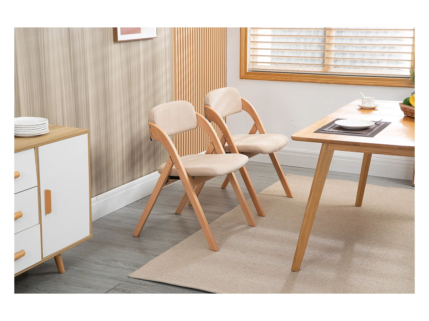 Klappstühle mit gepolsterten Sitz, 2er-Set, Holz stapelbare Esszimmerstühle, abnehmbarer Bezug, Khaki