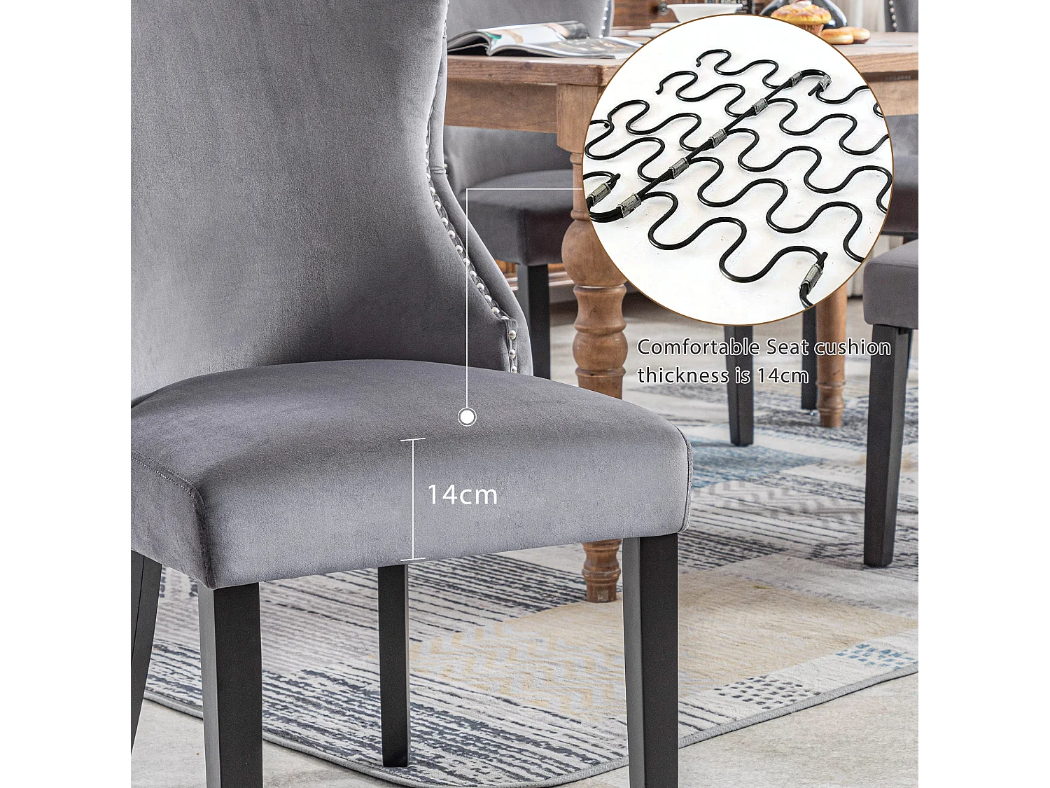 Eetkamerstoel set van 2, grijs fluweel, met knoopjesstiksel, massief houten frame